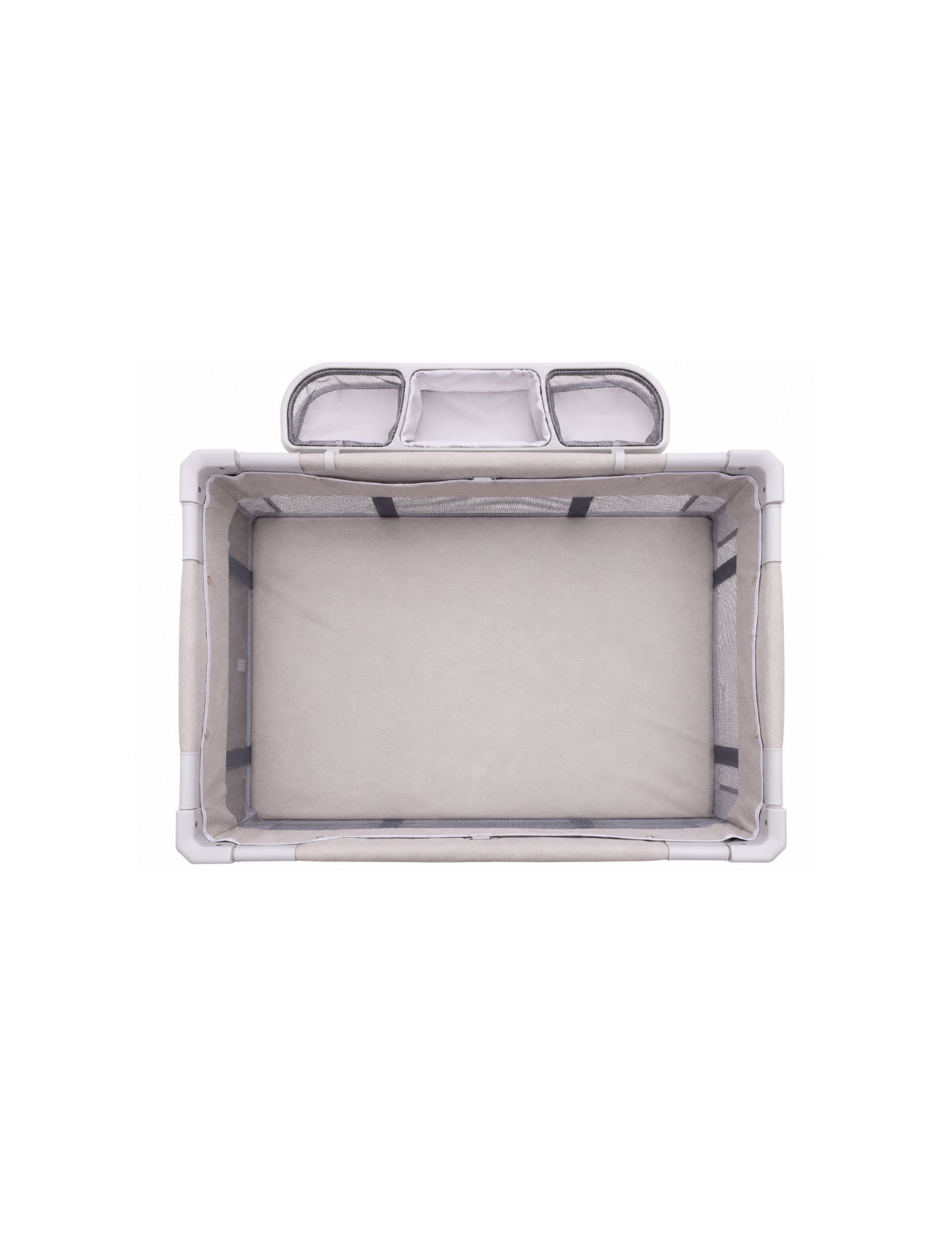 Babelio baby safety gate with mesh sides and storage pockets, top view on white background