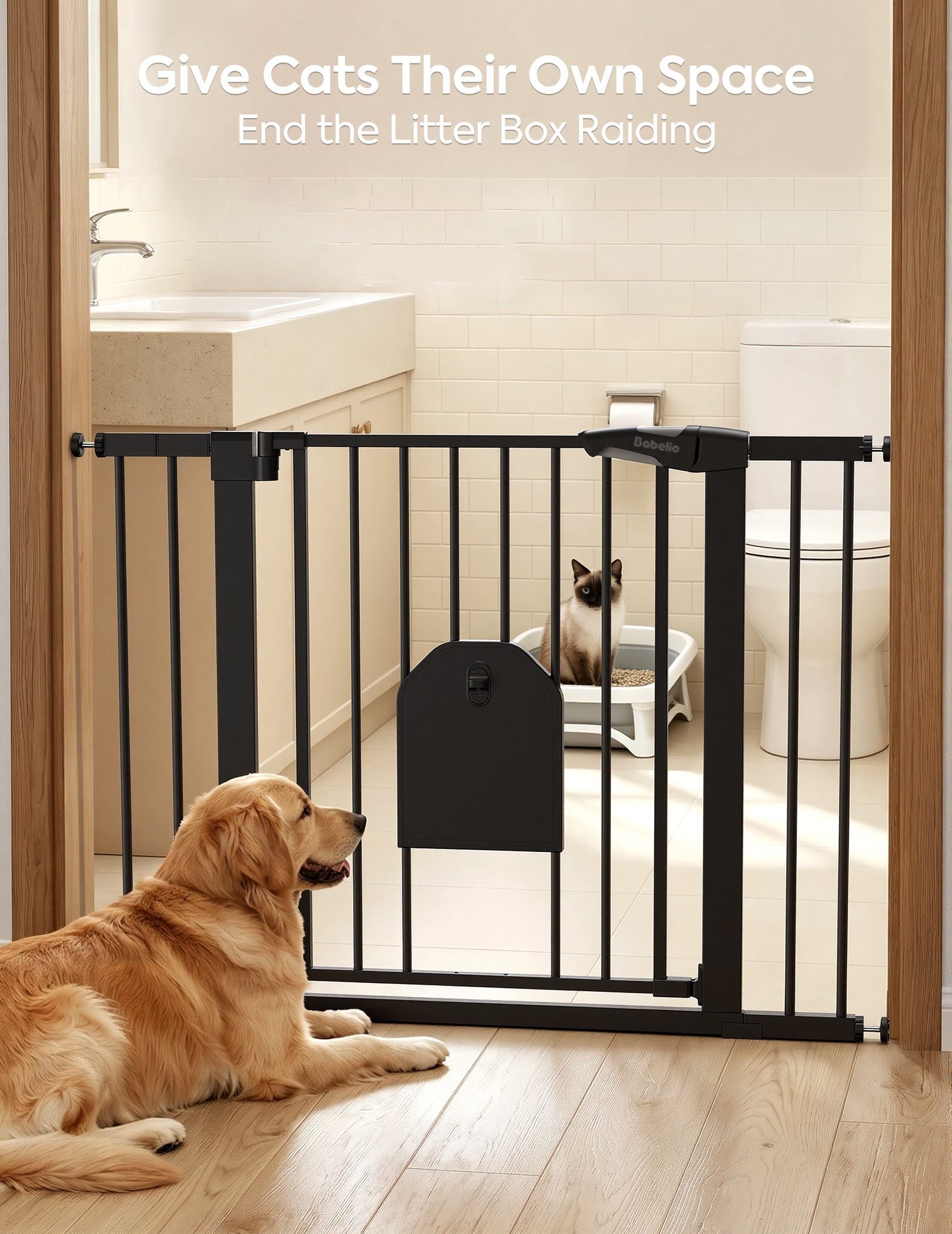 A black metal pet gate installed across a doorway in a bathroom, with a golden retriever lying on the wood floor in the foreground and a cat sitting in a litter box inside the bathroom. White text at the top reads 'Give Cats Their Own Space End the Litter Box Raiding'.#Color_Black