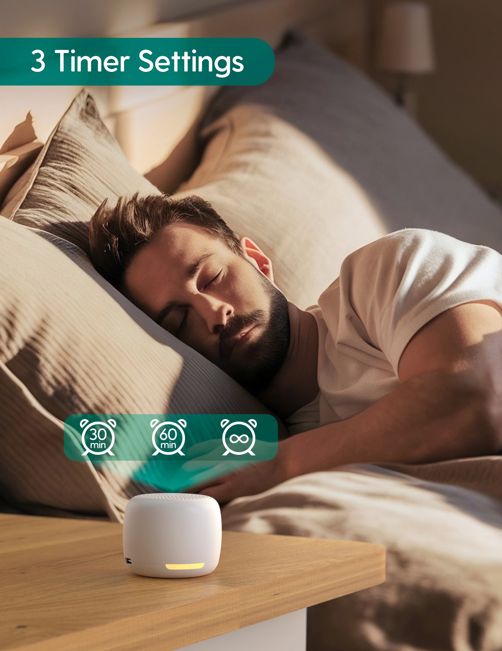 Man sleeping in bed with a white noise machine on a nightstand displaying timer settings.
