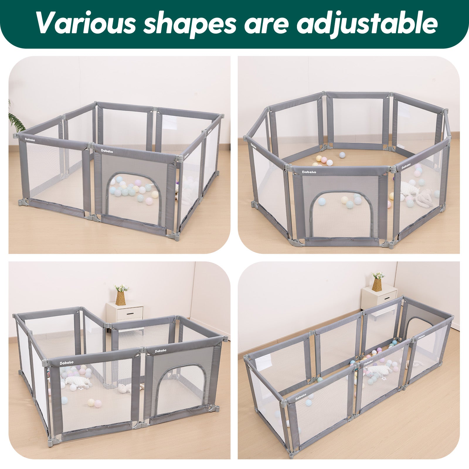 Adjustable playpen with various shapes on a neutral background