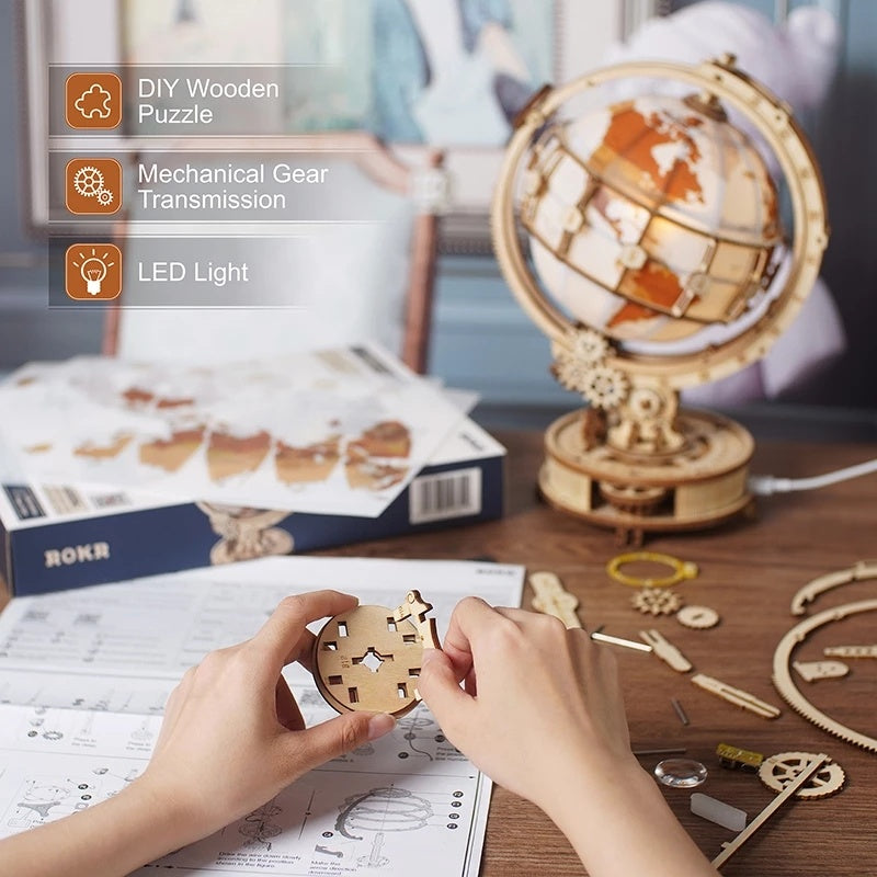 LulliNini Luminous Globe 3D Wooden Puzzle Games Assemble Model Buliding Kits Toys Gift for Children