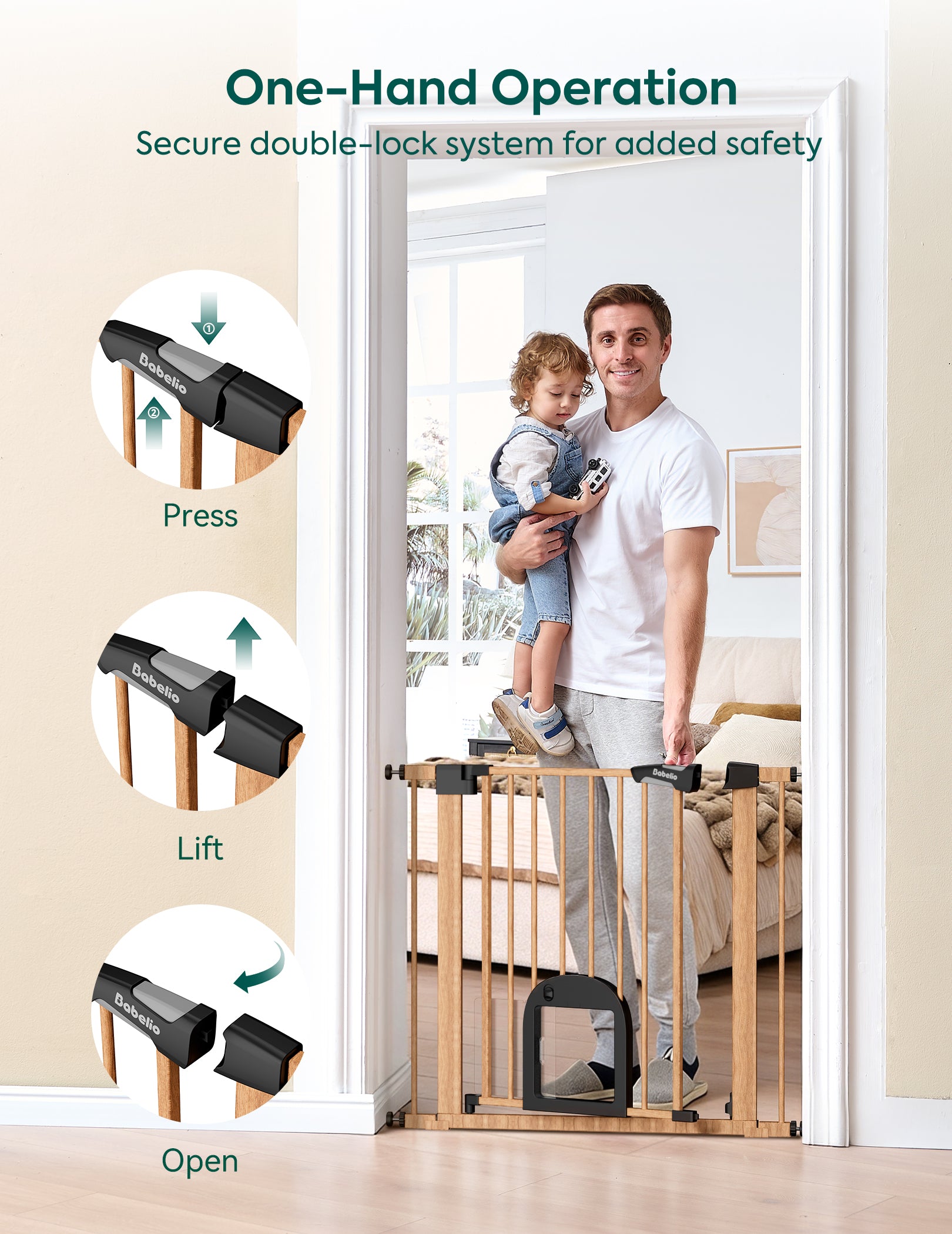 Baby gate with one-hand operation feature, man holding child, and indoor setting.#Color_Wood Pattern