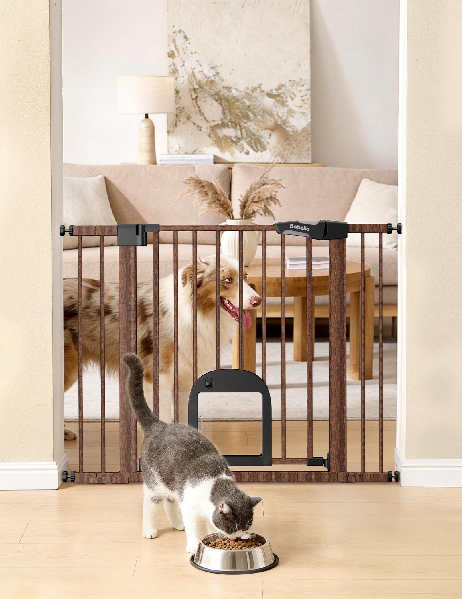 Pet gate with a cat and dog in a living room setting#Color_Brown Wood Pattern