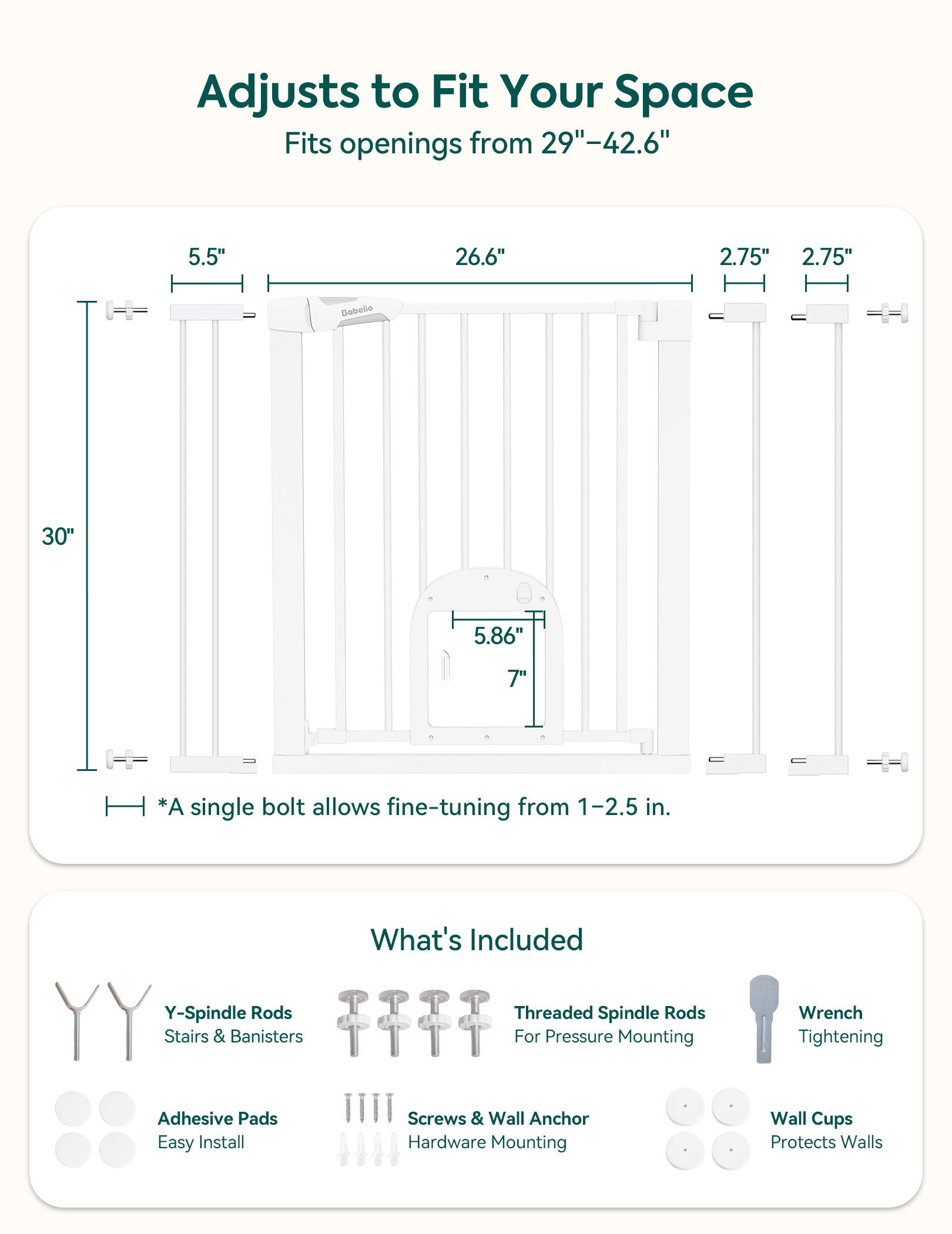 Measurement chart for a security gate with dimensions and included components.#Color_White