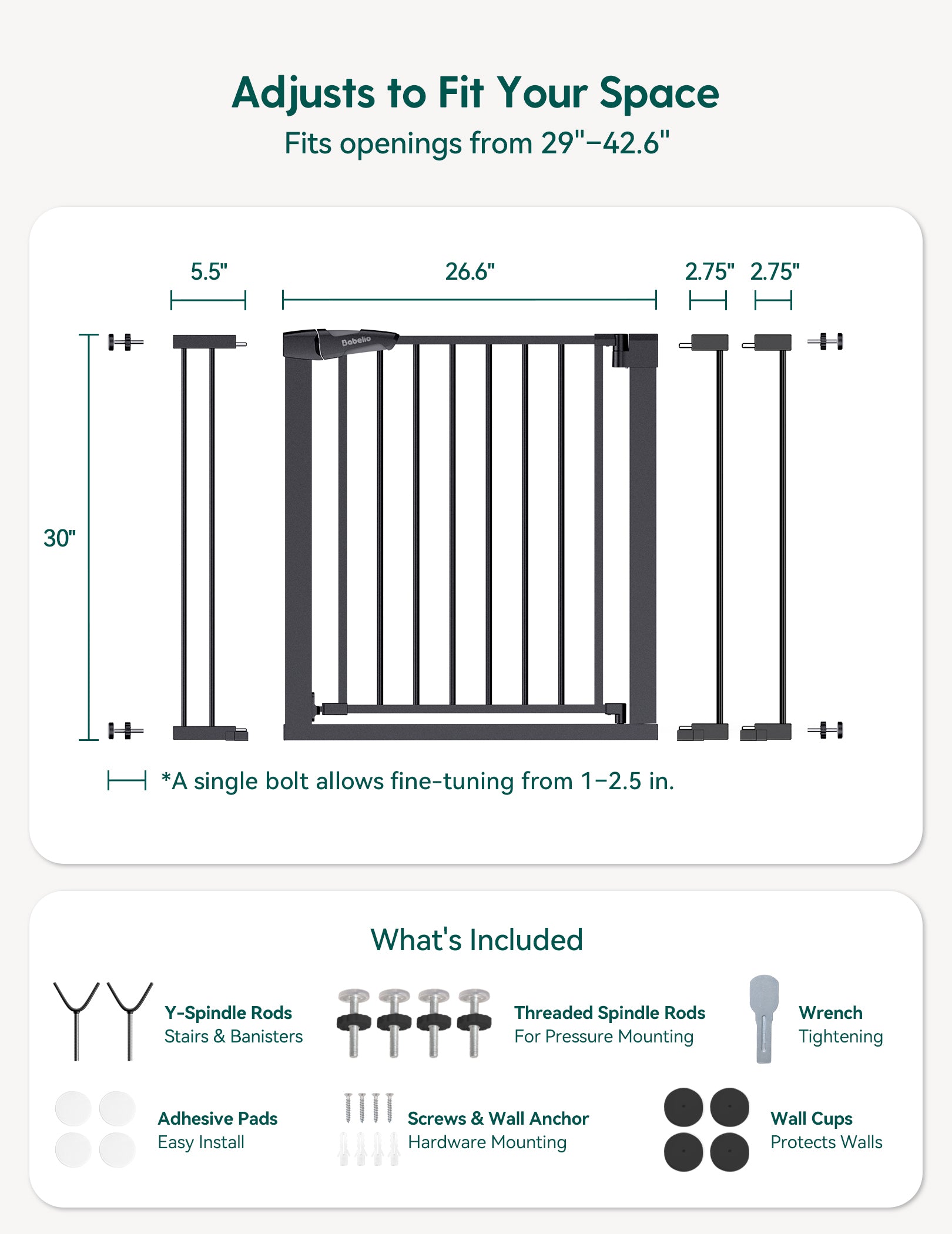 Measurement chart for a adjustable space gate with dimensions and included components.#Color_Black