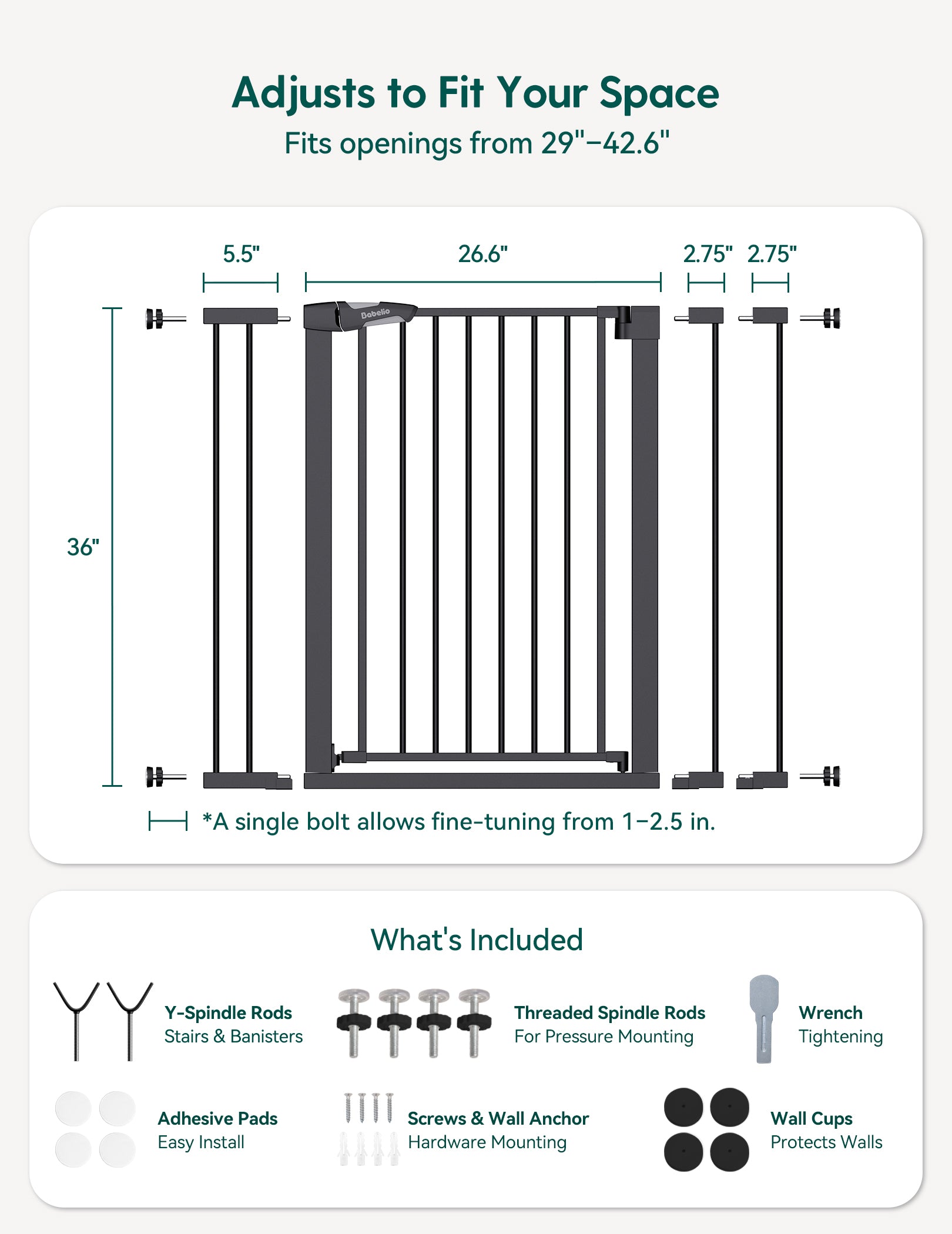 Measurement chart for a adjustable space gate with dimensions and included components.#Color_Black