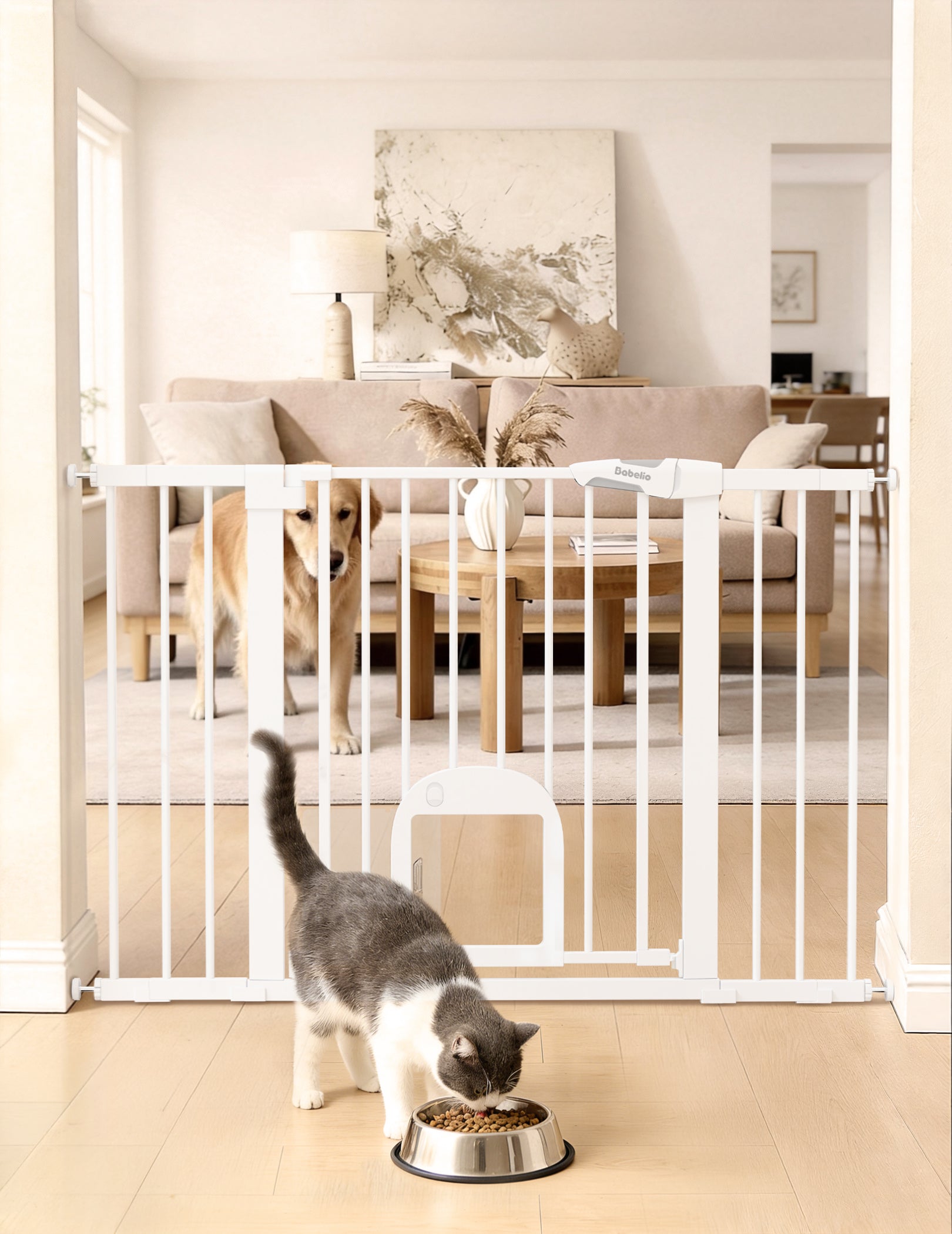 Cat eating from a bowl in a room with a white pet gate.#Color_White