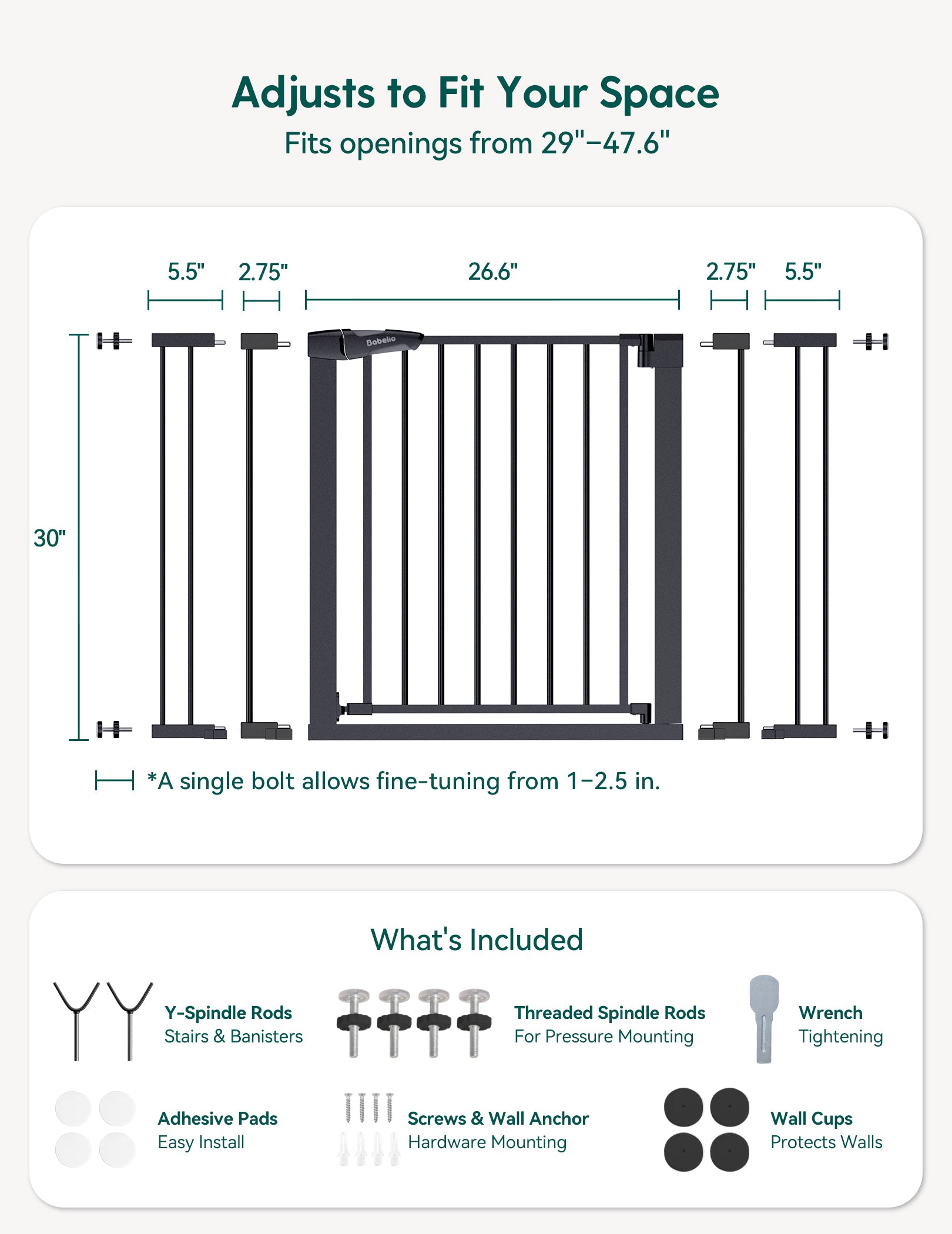 Measurement chart for a adjustable space gate with dimensions and included components.#Color_Black
