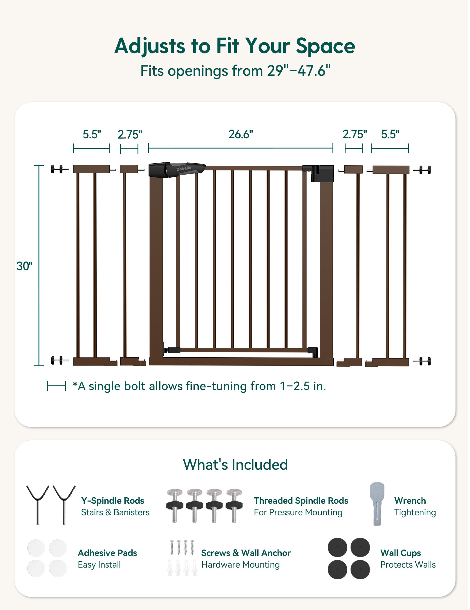 Measurement chart for a adjustable space gate with dimensions and included components.#Color_Brown
