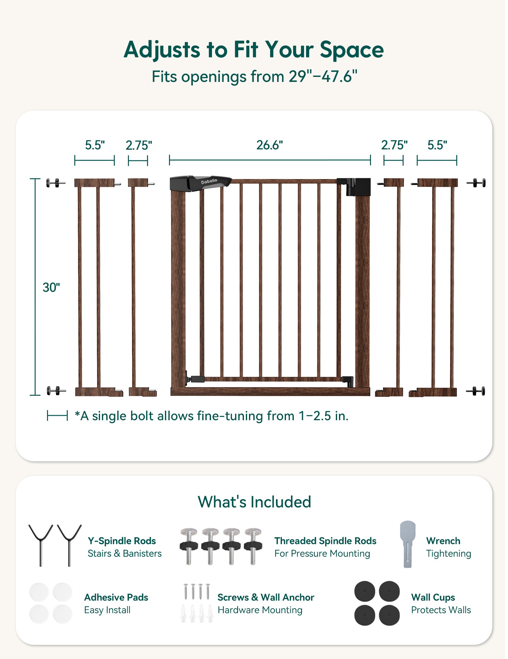 Measurement chart for a adjustable baby gate with specifications and included components. #Color_Brown Wood Pattern
