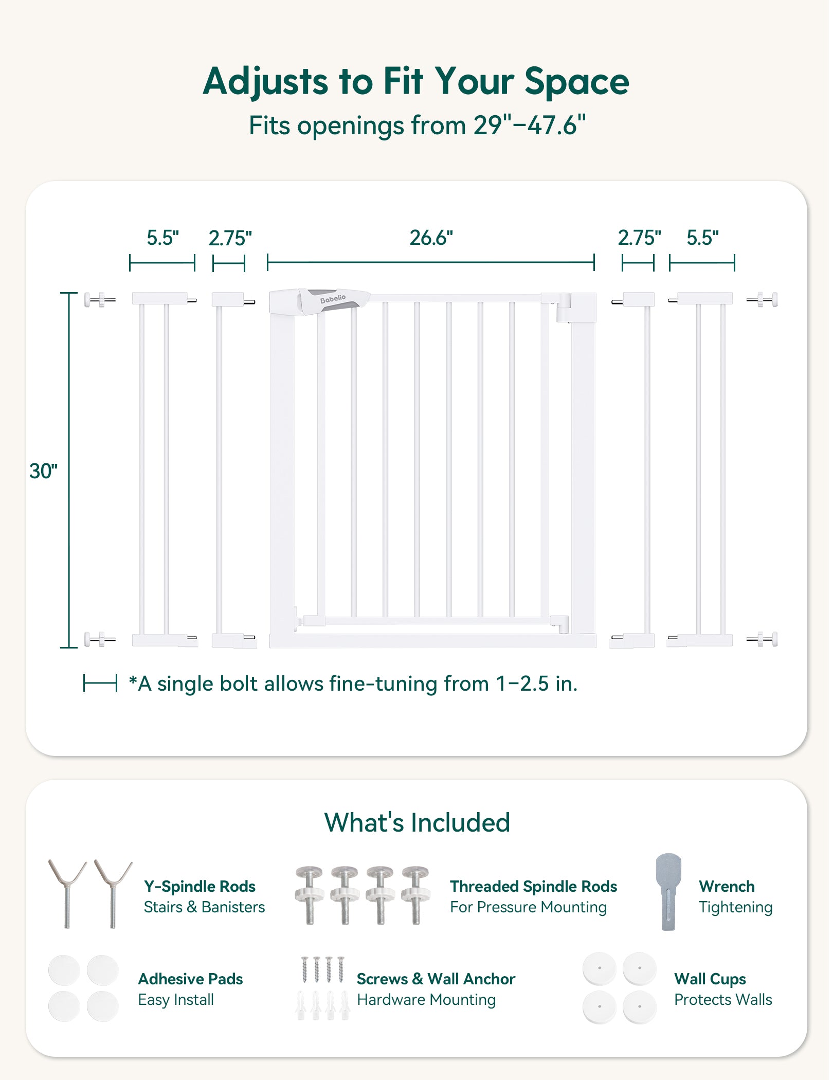 Dimensions and features of a adjustable space-saving product with text and measurements.#Color_White