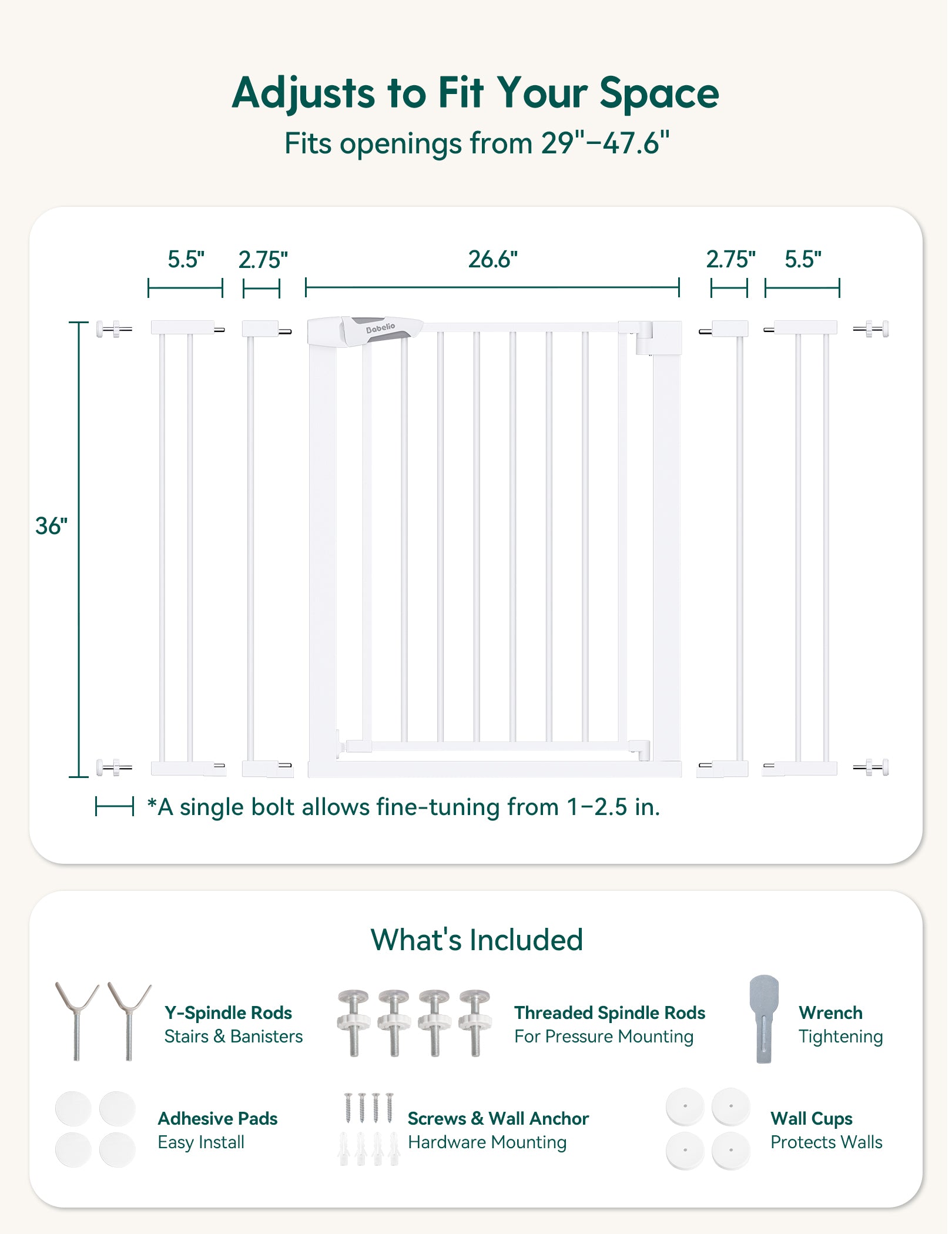 Measurement chart for a baby gate with dimensions and included components.#Color_White