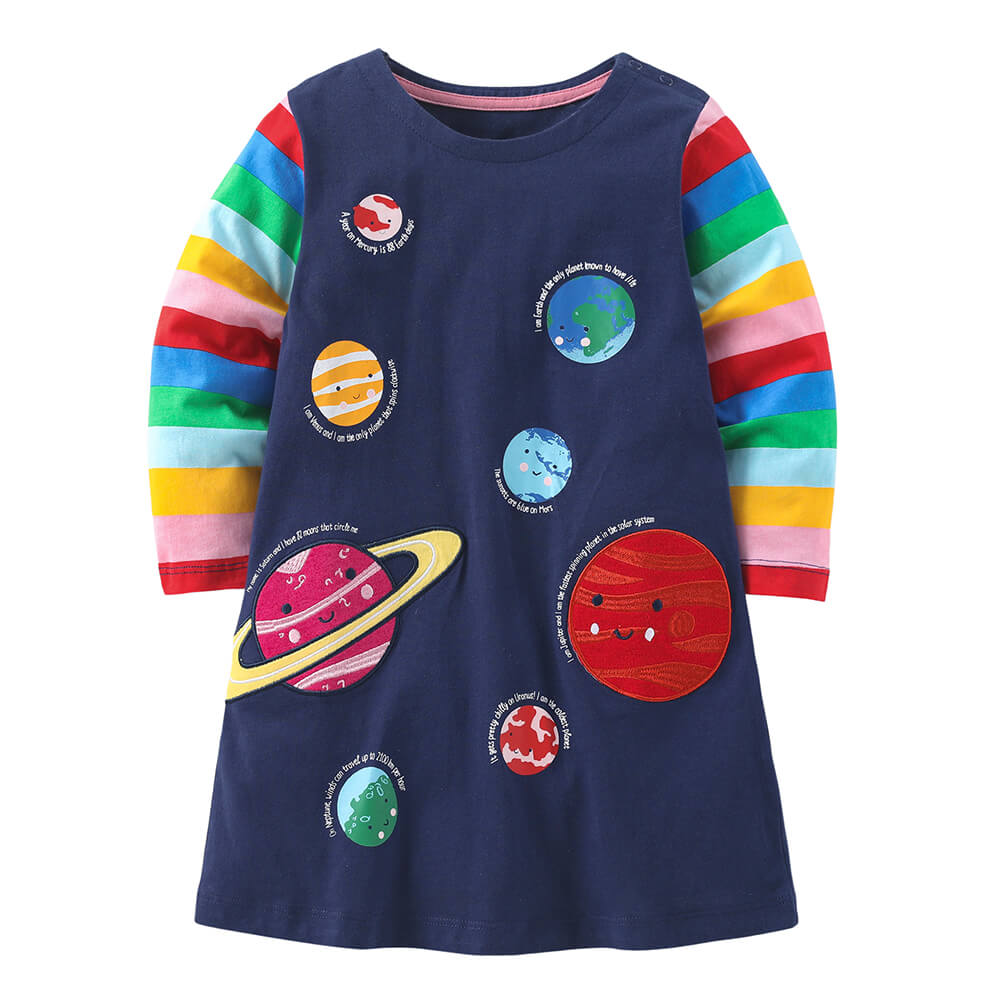 Colorful Space-Themed Long Sleeve Dress for Girls - Autumn Collection