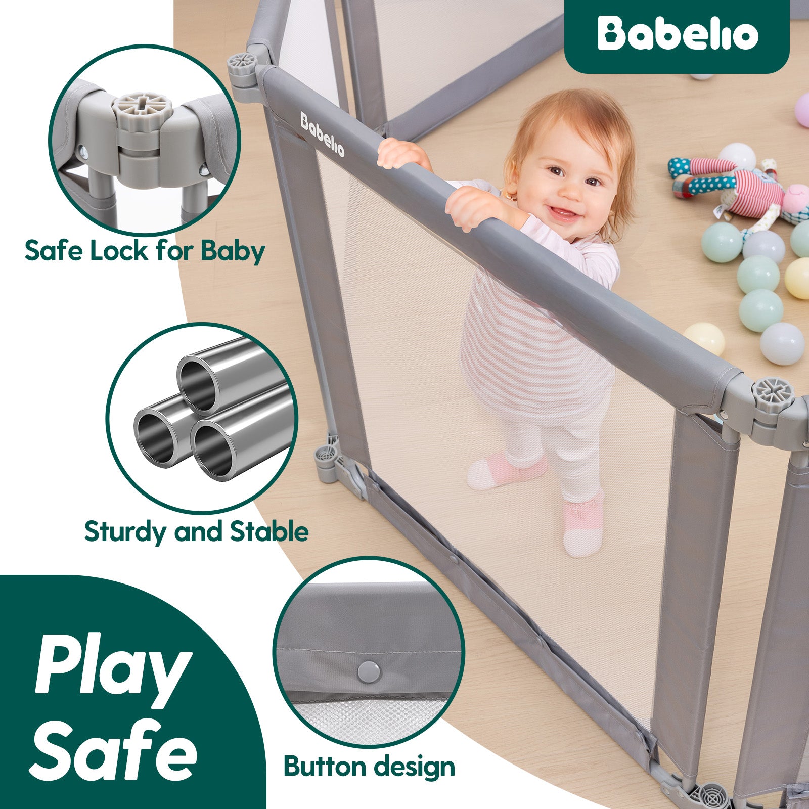 Baby playpen with safety features and a child playing inside, featuring the brand 'Babelio'.