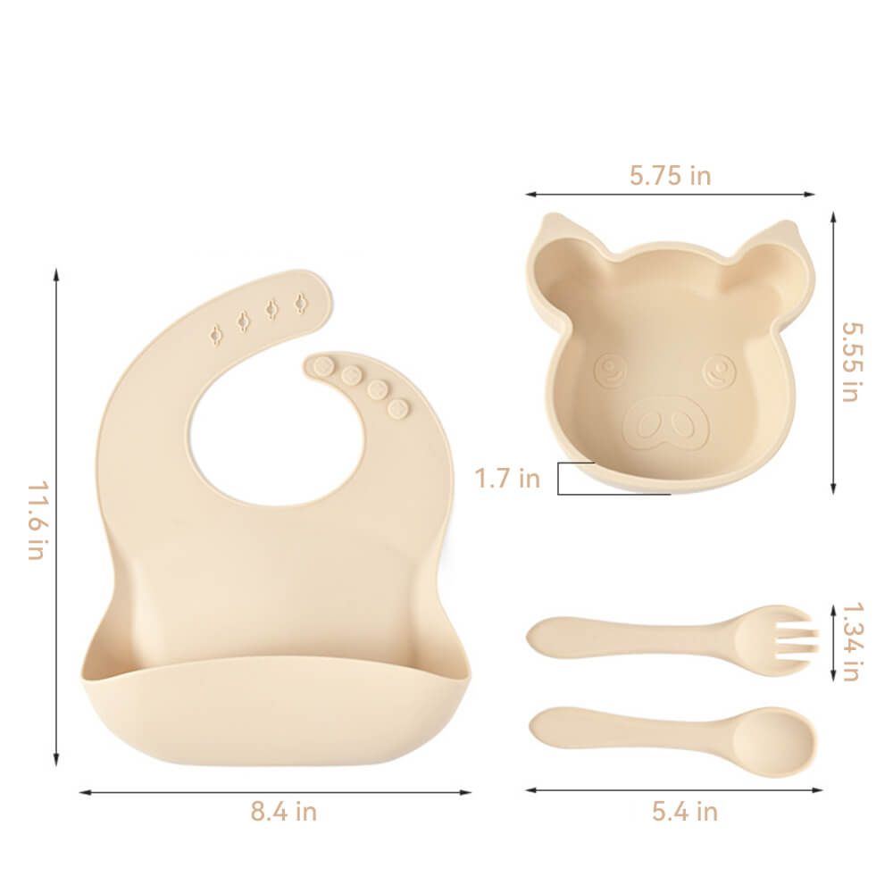LulliNini Children's Silicone Piggy Dinnerware Set - All-in-One Feeding Kit with Plate, Utensils & Bib