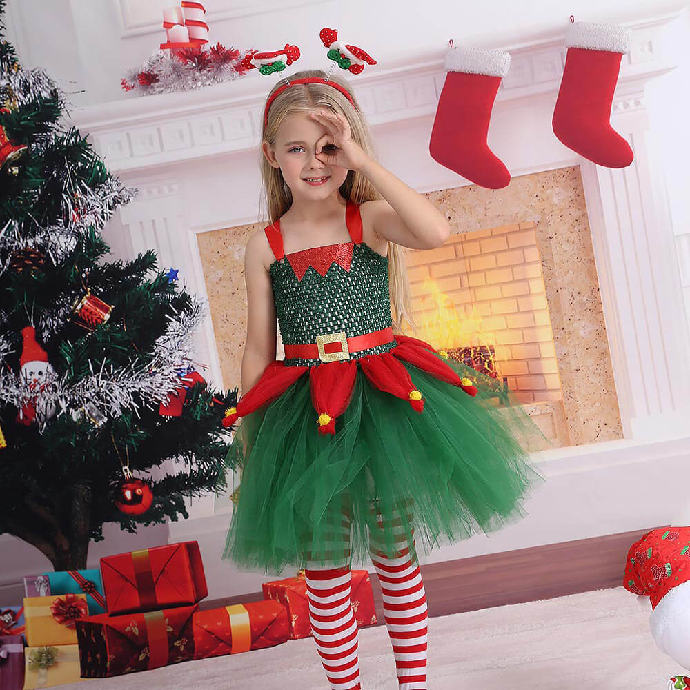 Jolly Elf Christmas Party Dress for Kids – Festive Red and Green Cosplay Tutu Outfit for Stage Performances & Holiday Fun