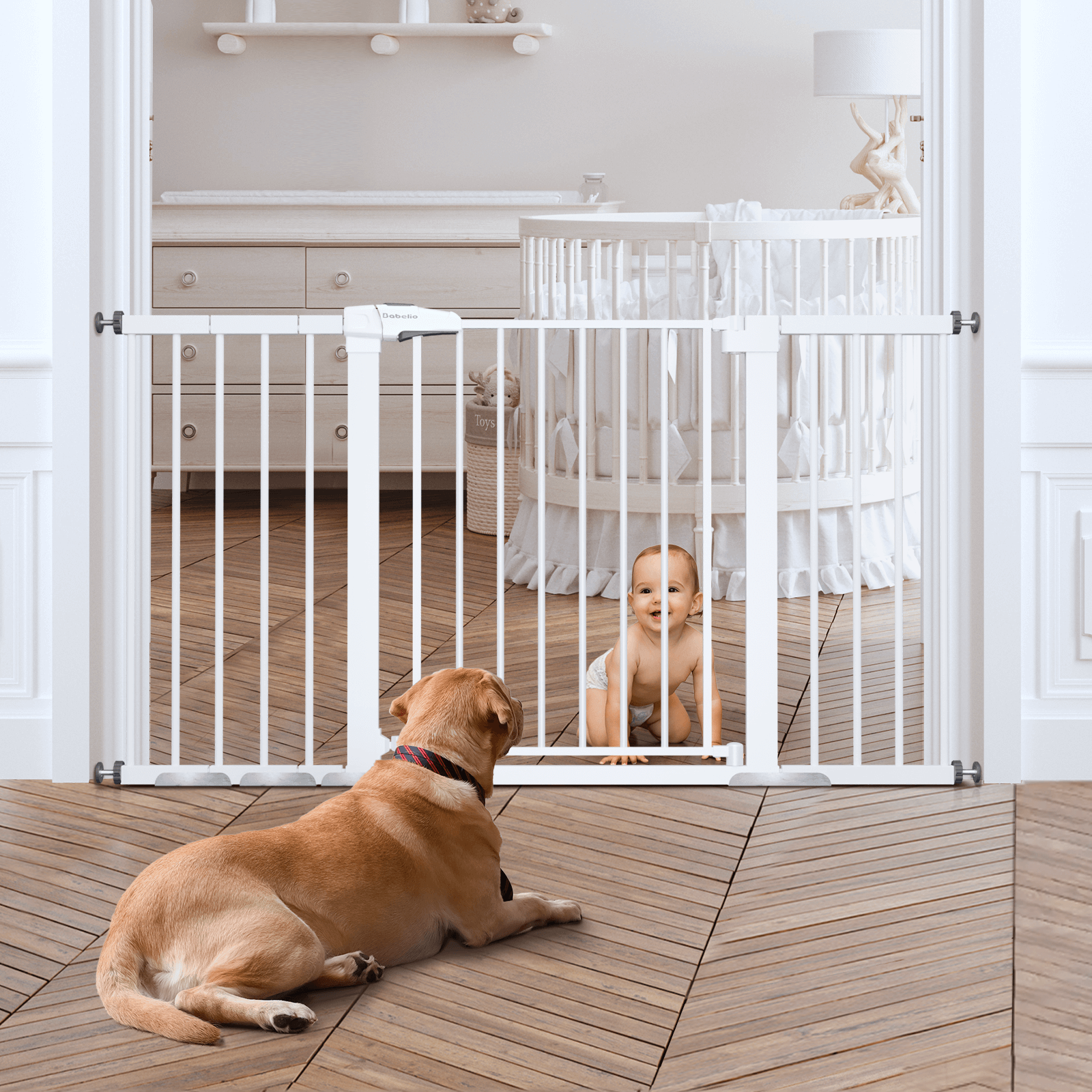 Babelio 29-55" Wide All-Steel Baby Gate – Easy Walk-Through, No-Drill Setup, Auto-Close, for Children and Pets