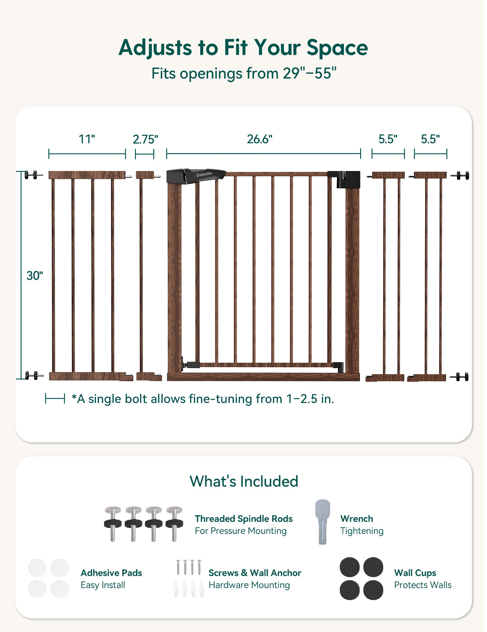 Measurement chart for a adjustable baby gate with dimensions and included components. #Color_Brown Wood Pattern