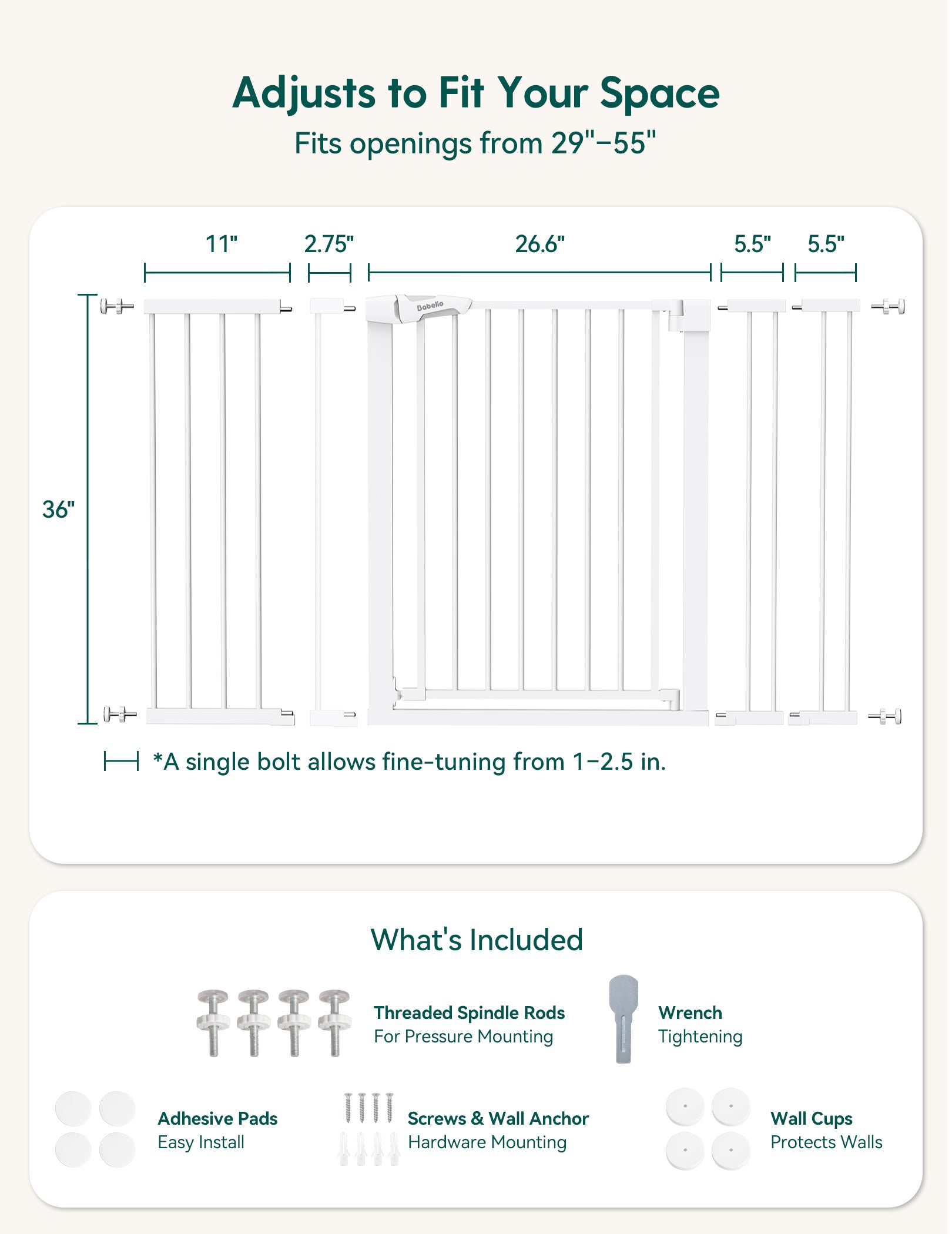 Dimensions and features of a adjustable space-saving product with measurements and included components.#Color_White