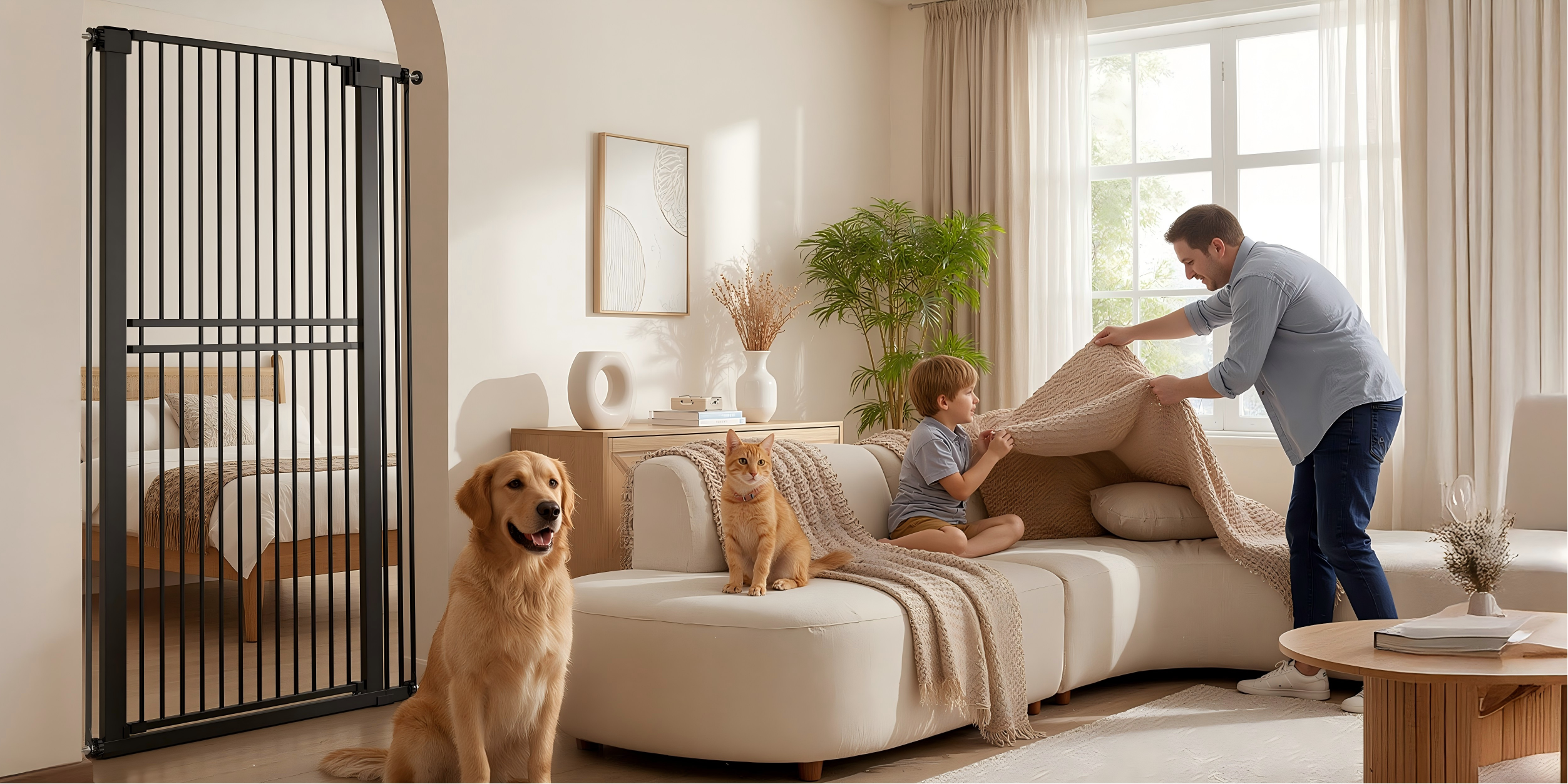 Living room with a man setting up a dog gate, a child sitting on a couch, and two dogs in the room.