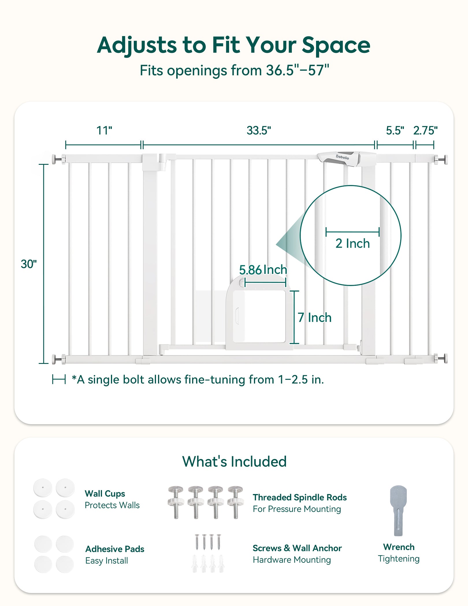 Dimensions and features of a adjustable safety gate with text indicating it fits openings from 36.5" to 57".#Color_White