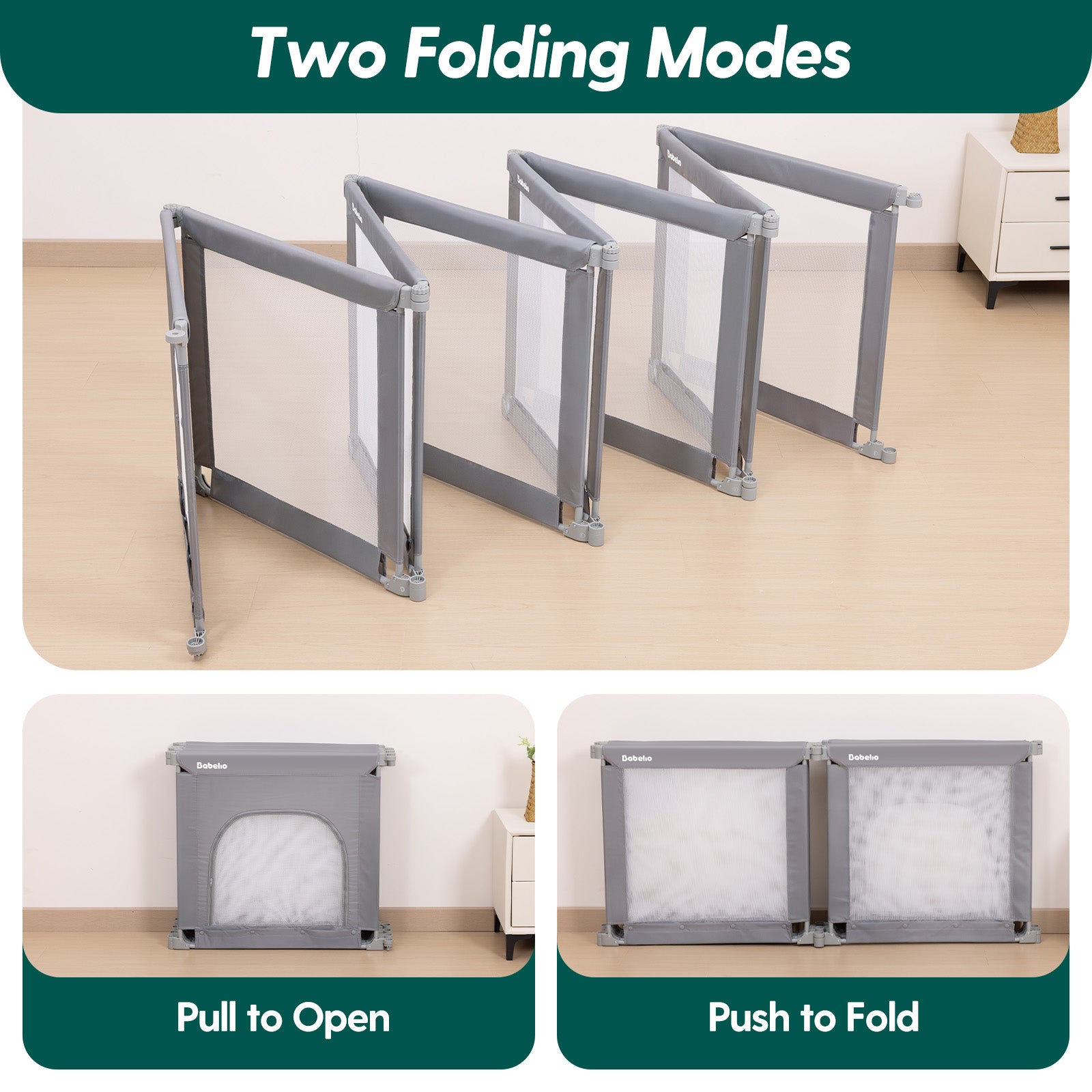 Pet gate with two folding modes shown, including 'Pull to Open' and 'Push to Fold'.
