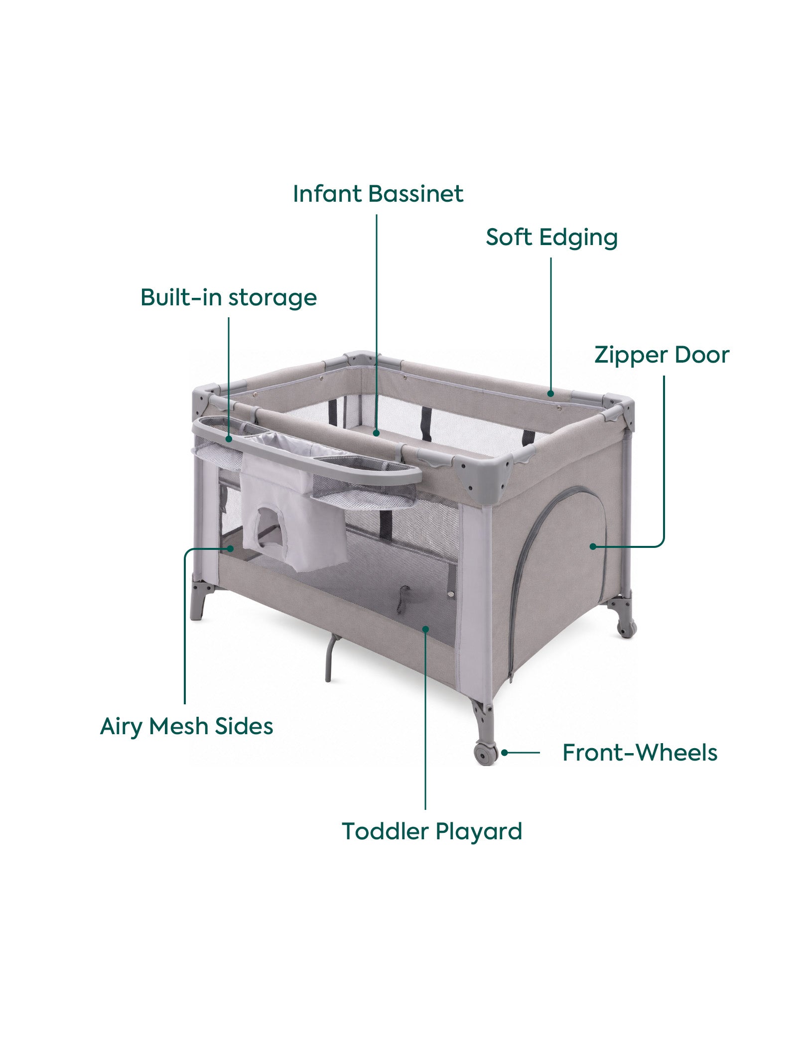 Babelio toddler playard with airy mesh sides, built-in storage, and zipper door for nursery safety