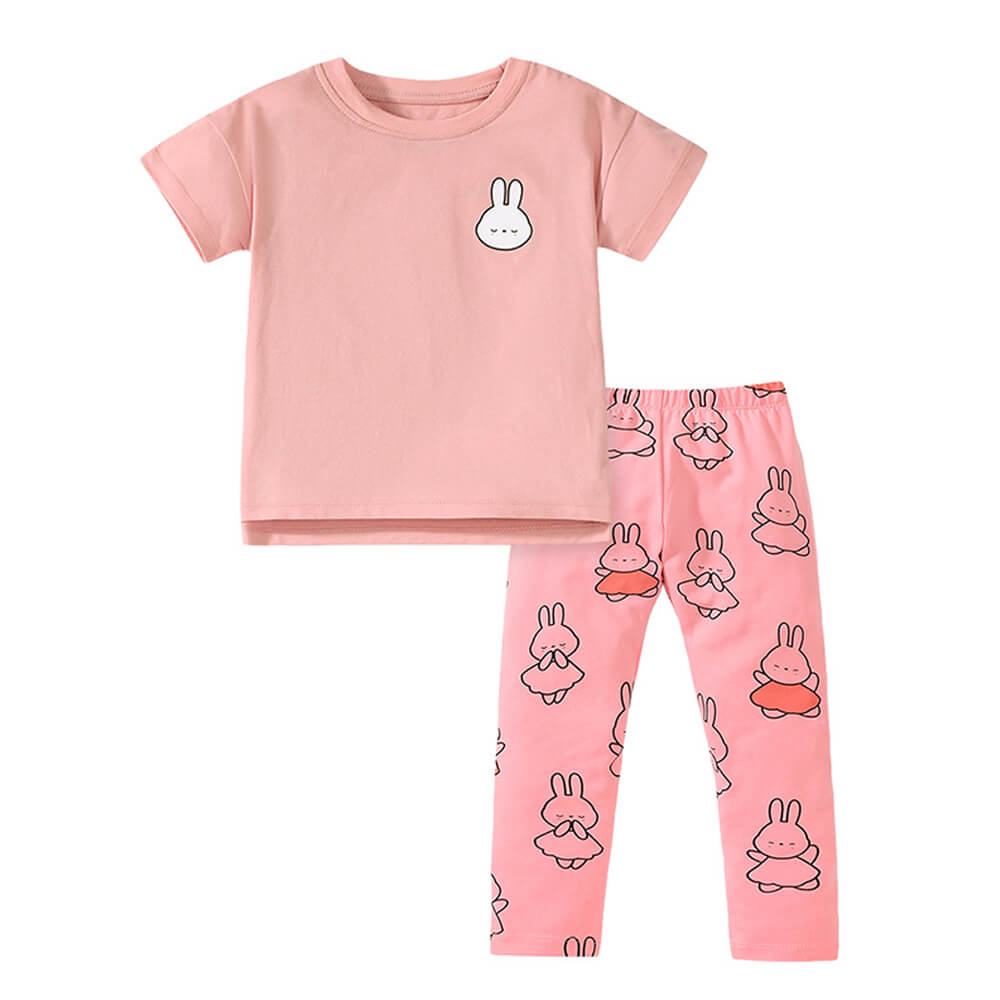 Summer Pink Cotton Bunny Set for Girls - Short Sleeve Top & Printed Leggings