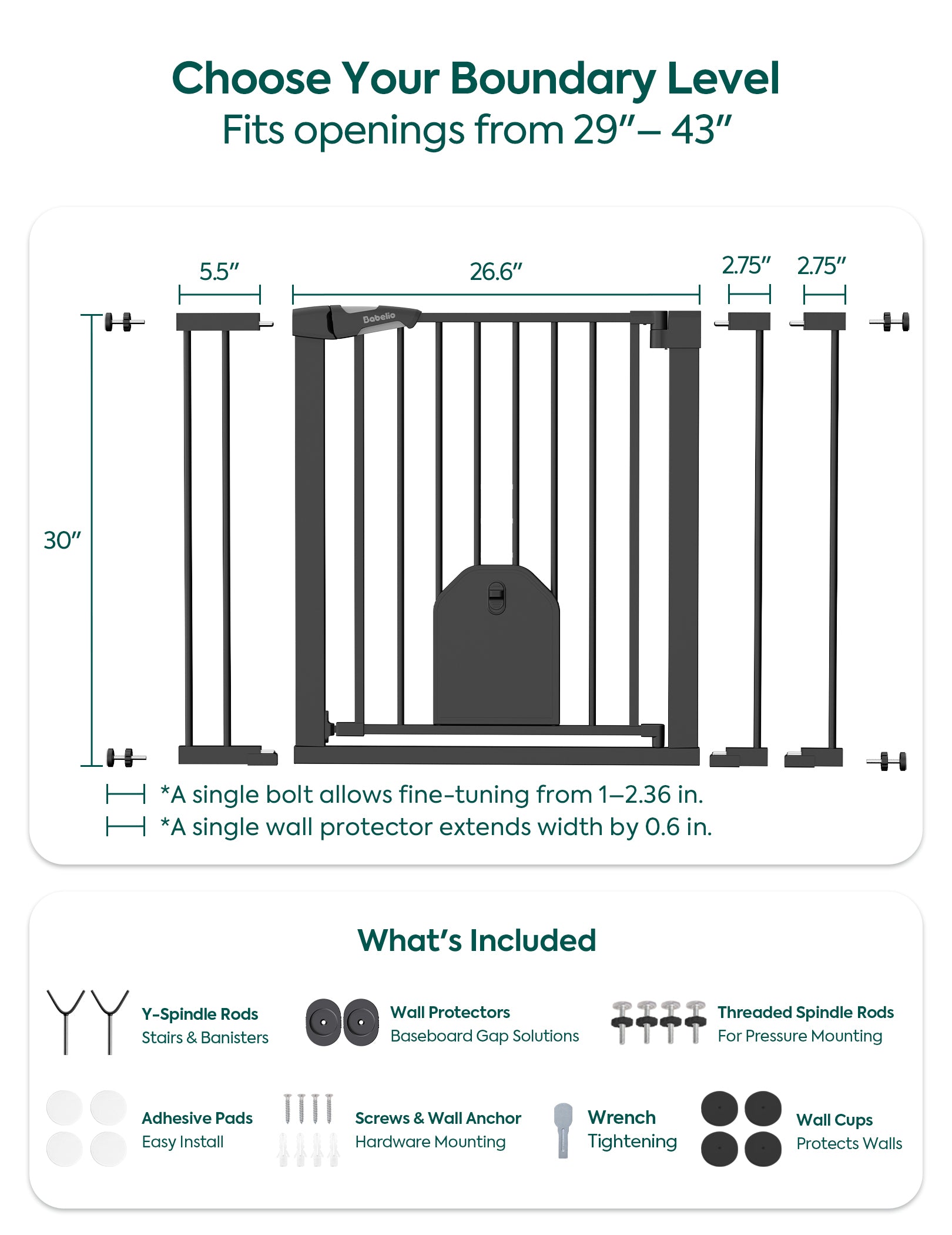 Installation guide and dimensions for a black metal safety gate, showing measurement diagrams for different boundary levels and a 'What's Included' section with mounting hardware.#Color_Black