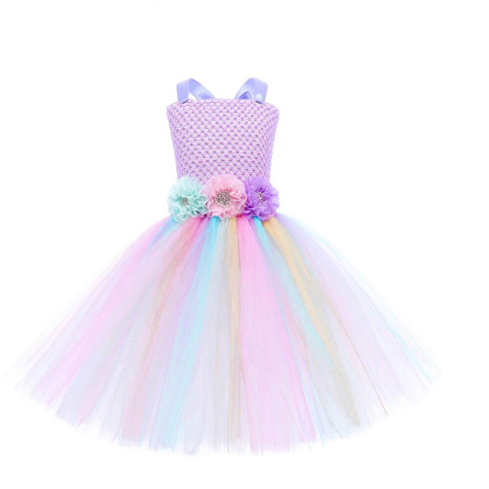 Tiny Cuddling Magical Unicorn Flower Princess Dress - Kids' Long Tulle Dress for Children's Day Performances and Parties
