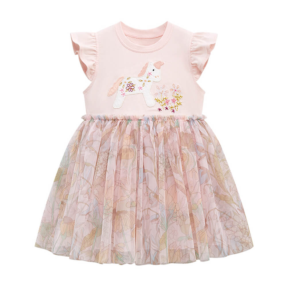 Whimsical Tulle Princess Dress with Cute Animal Embroidery for Girls - Summer Cotton Dress