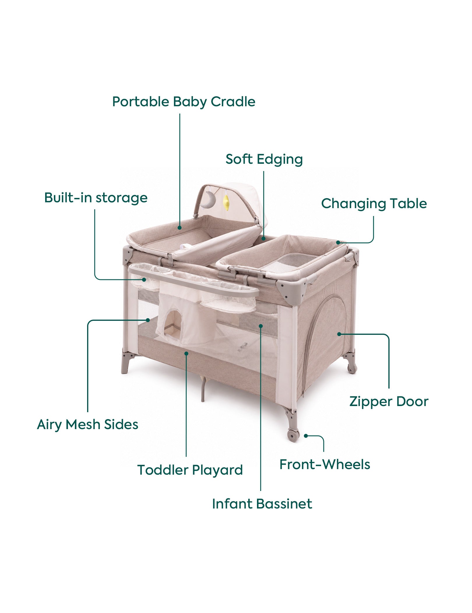 Babelio portable baby cradle with airy mesh sides, changing table, and toddler playard for nursery use