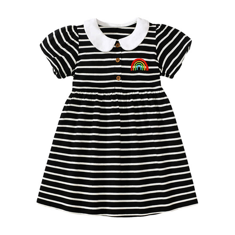 Classic Black & White Striped Dress with Rainbow Accent for Girls - Short Sleeve