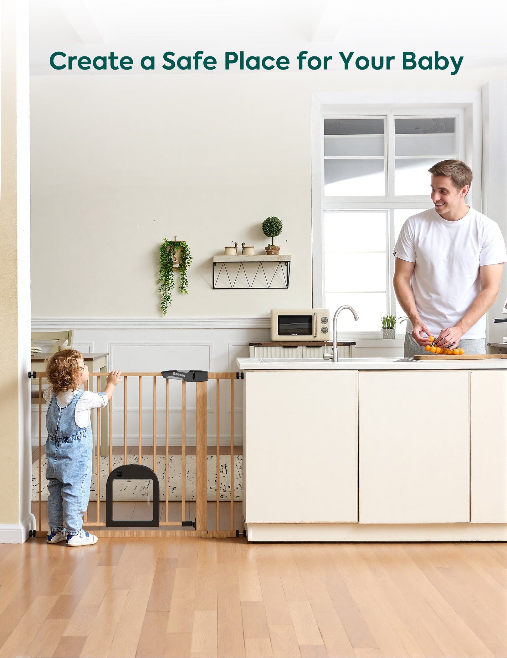 Child standing next to a baby gate in a kitchen with a man preparing food.#Color_Wood Pattern