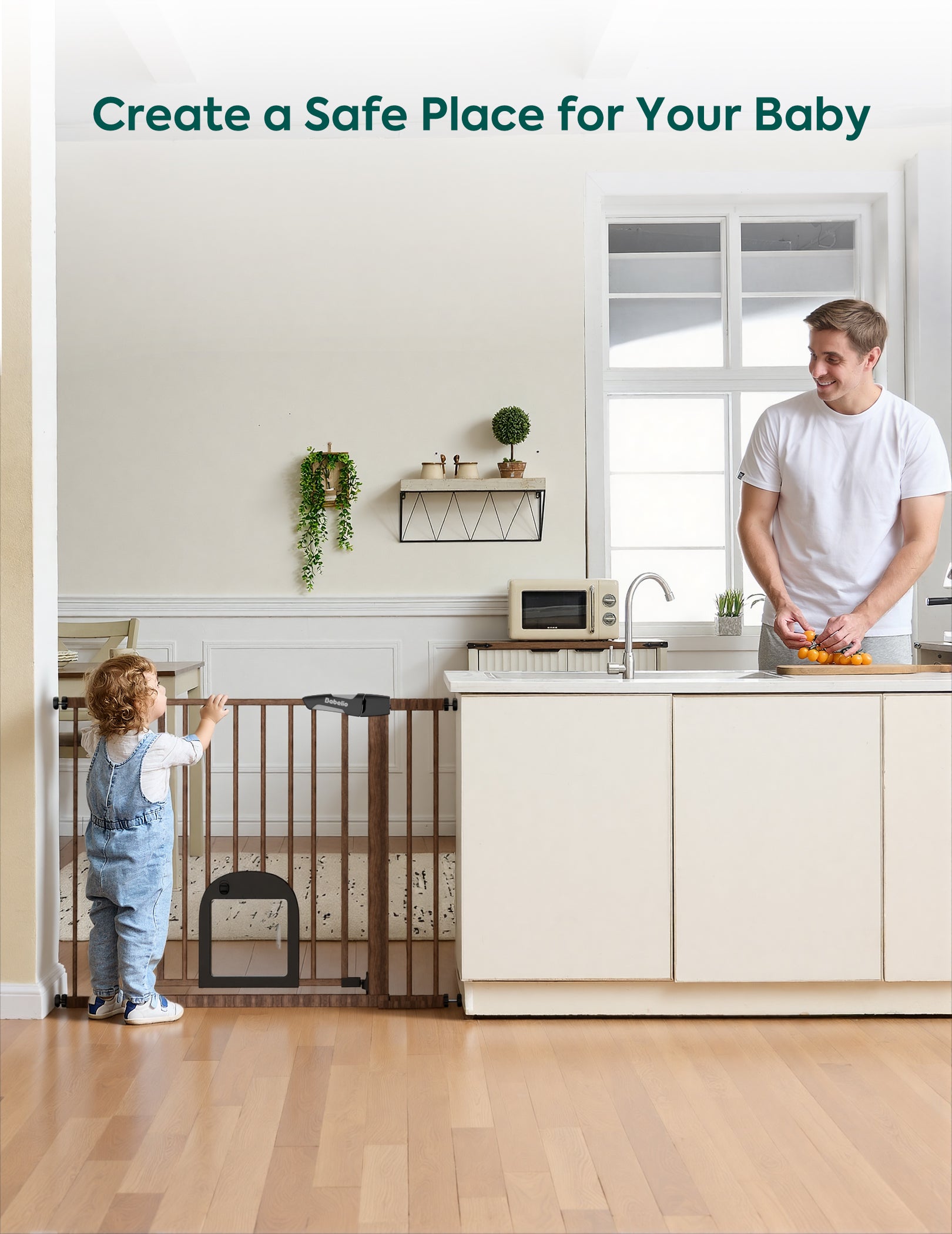 Child standing next to a baby gate in a kitchen with a man in the background.#Color_Brown Wood Pattern
