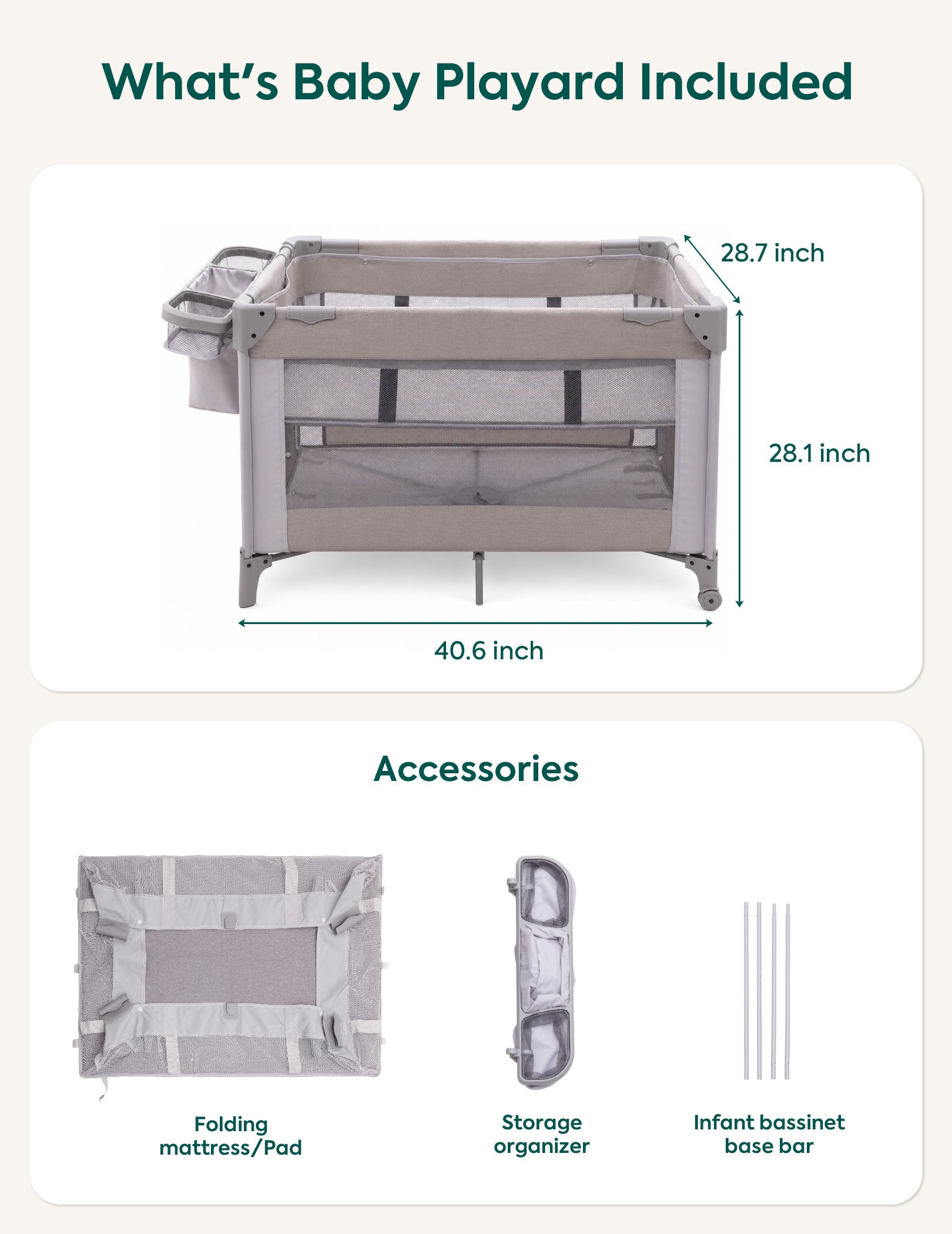 Babelio baby playard with folding mattress, storage organizer, and bassinet base bar accessories