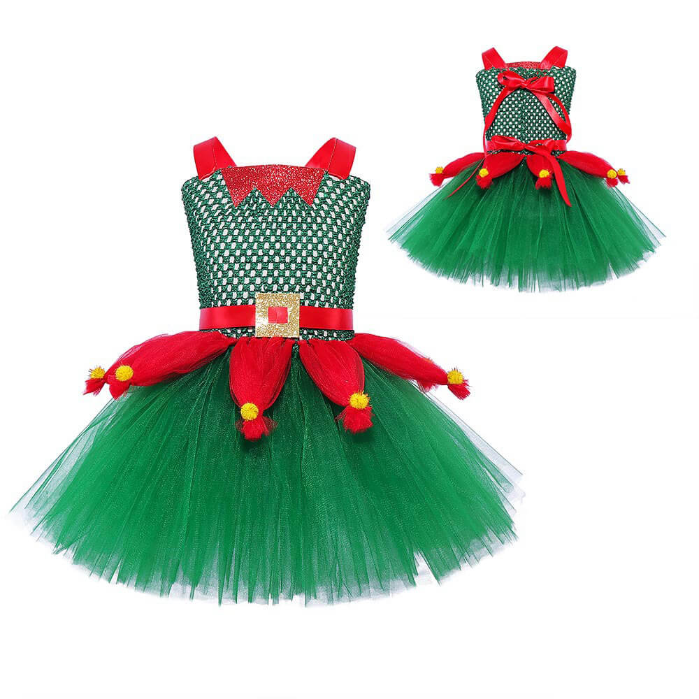 Jolly Elf Christmas Party Dress for Kids – Festive Red and Green Cosplay Tutu Outfit for Stage Performances & Holiday Fun