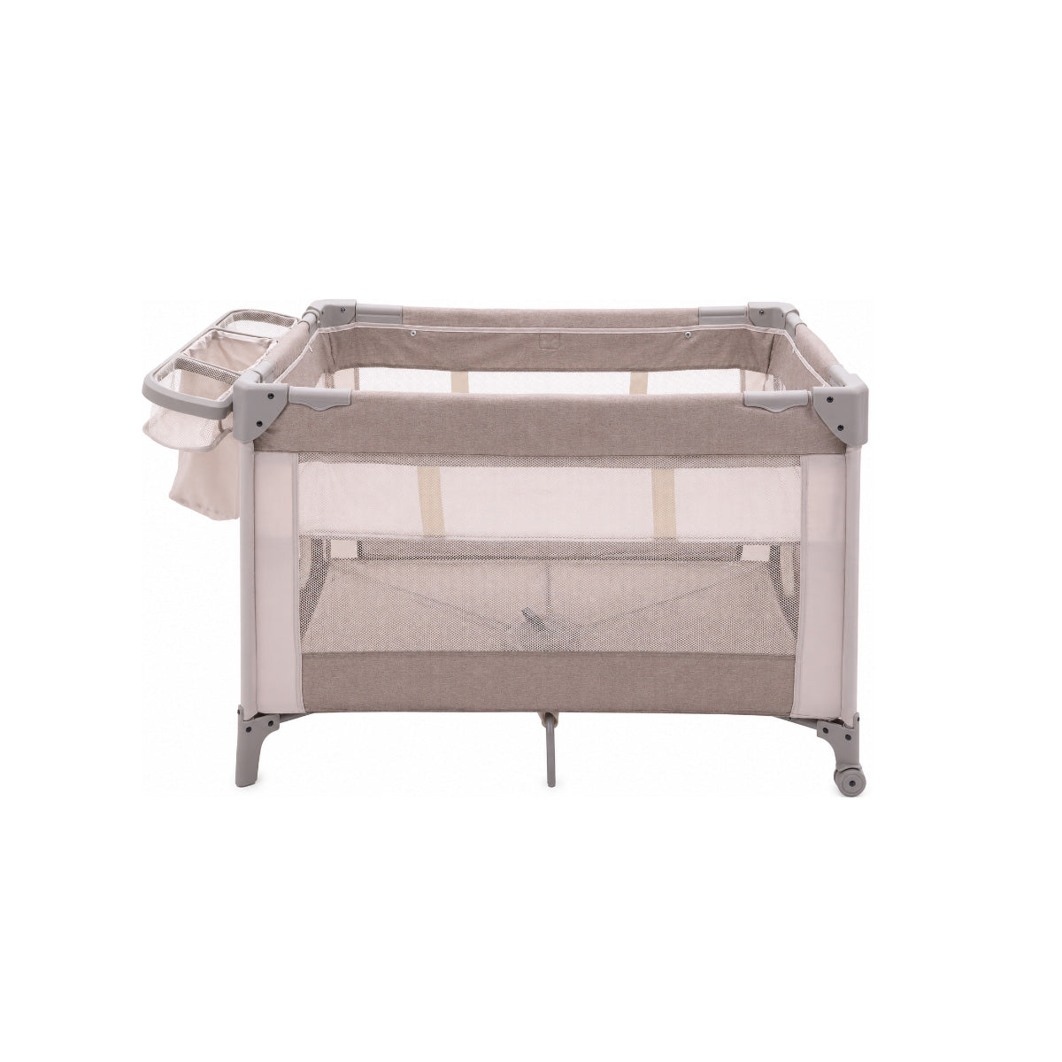 Babelio baby playpen with mesh sides, storage pocket, and wheels for nursery use