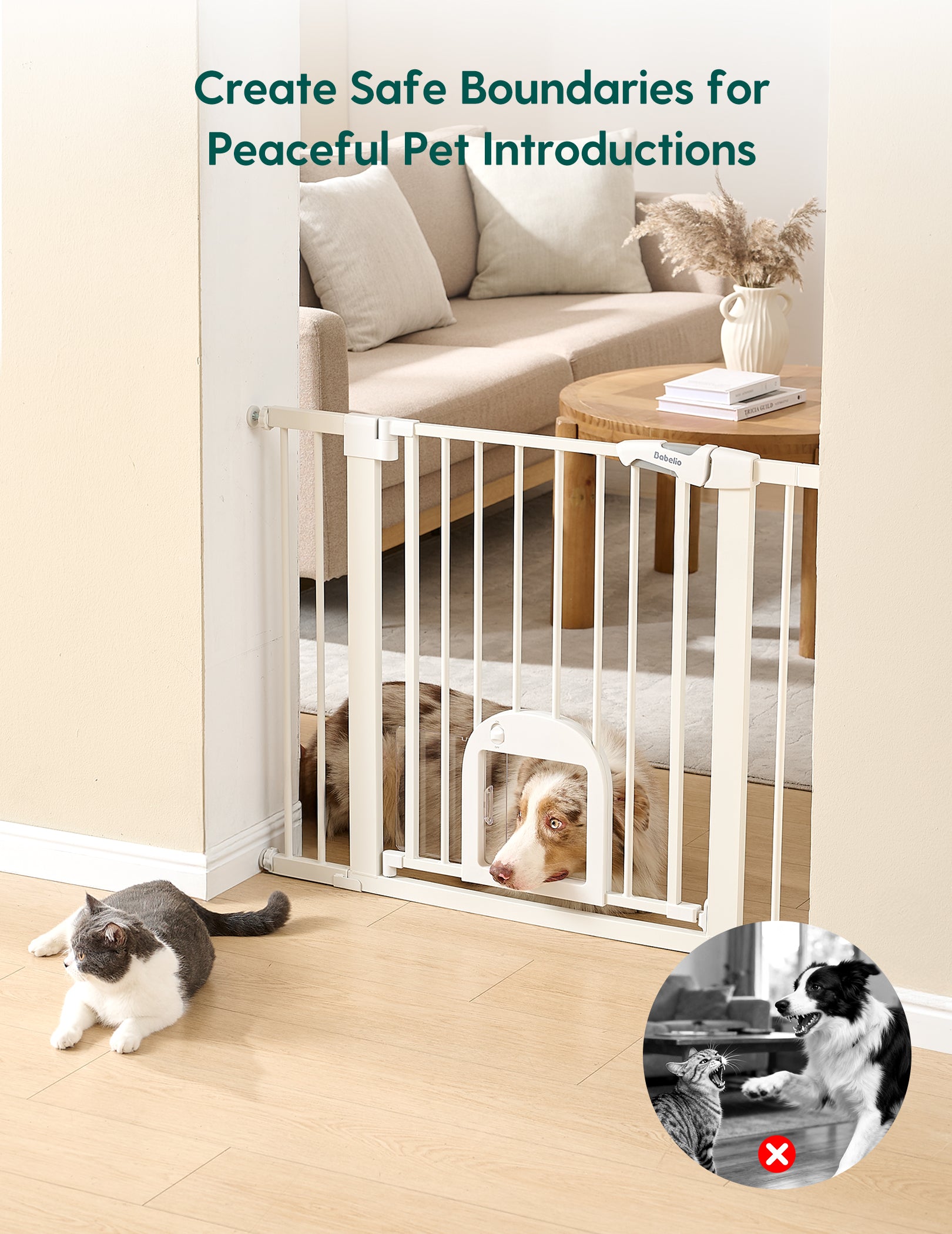 Pet gate separating two pets in a living room with text about creating safe boundaries for peaceful pet introductions.#Color_White