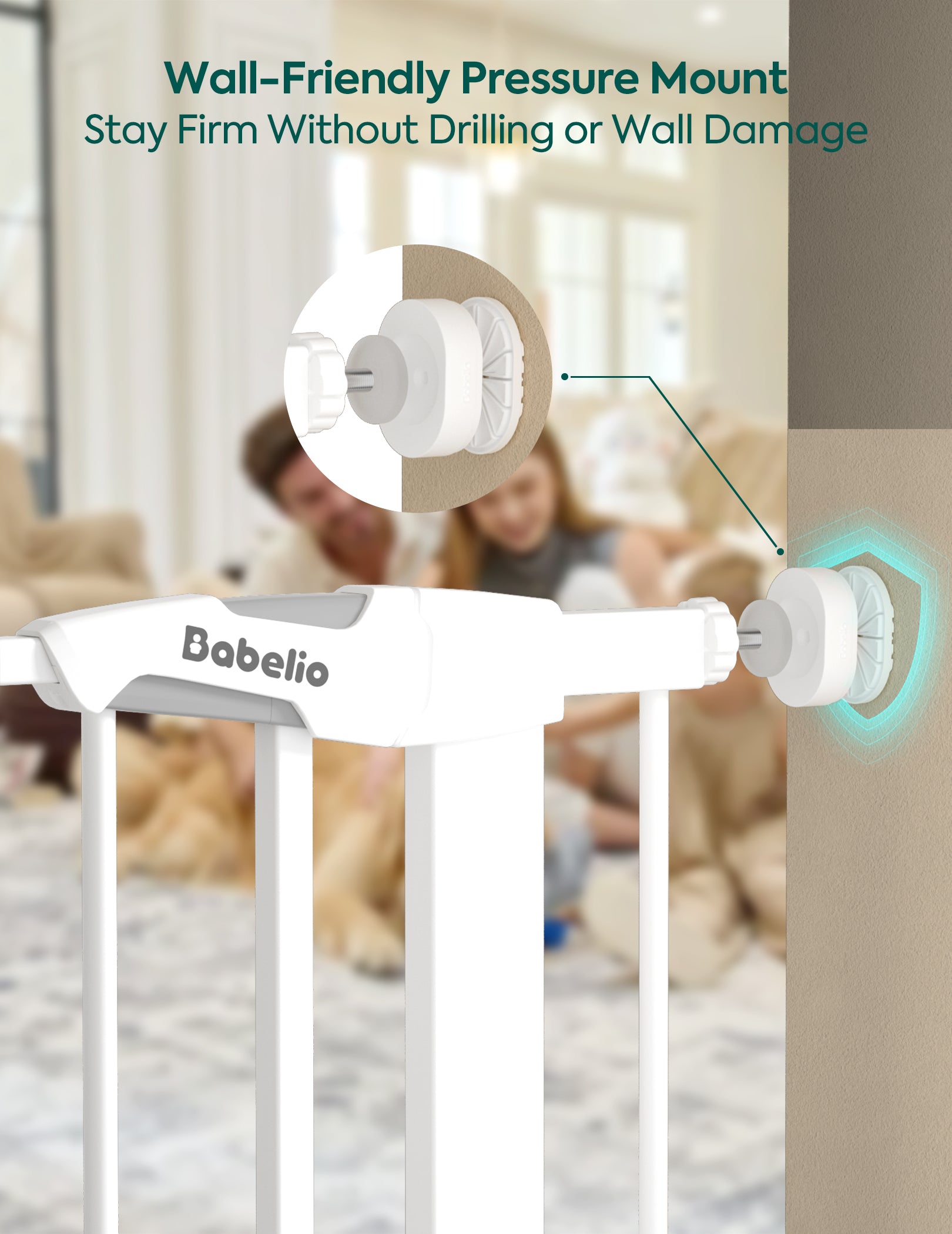 White Babelio safety gate with wall-mounted pressure mount hardware shown in a blurred living room setting, with text and inset diagram explaining secure wall attachment.#Color_White