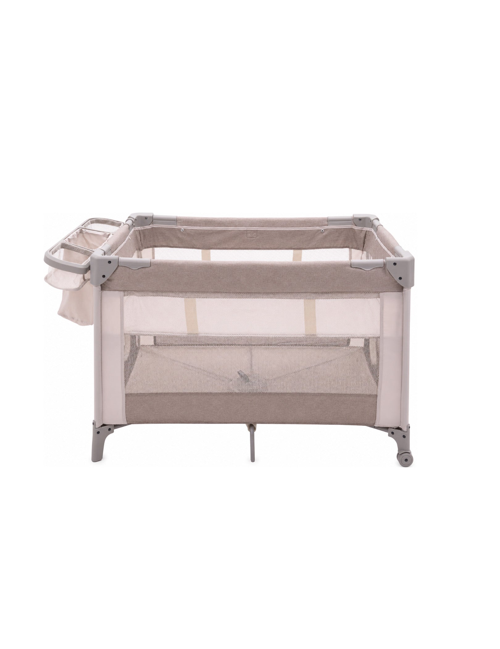 Babelio baby safety gate with mesh sides and storage pockets, ideal for nursery or living room use