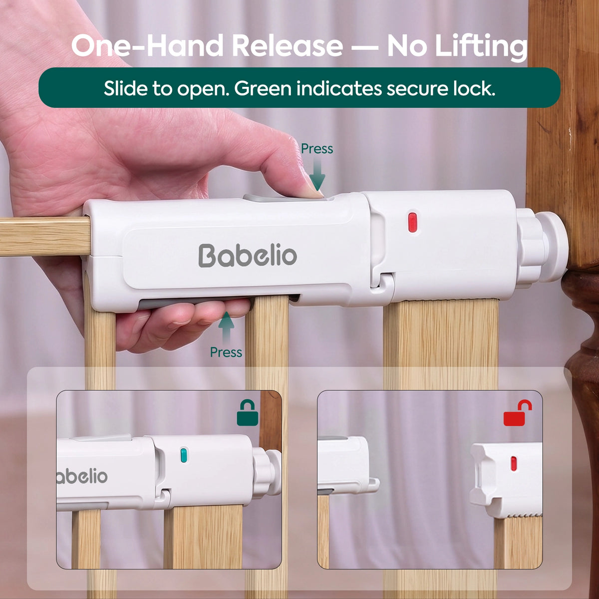 A hand demonstrates the Babelio one-hand release latch on a wooden crib or gate, with text overlays explaining how to slide it open and a lock indicator.#Color_Light Wood Pattern