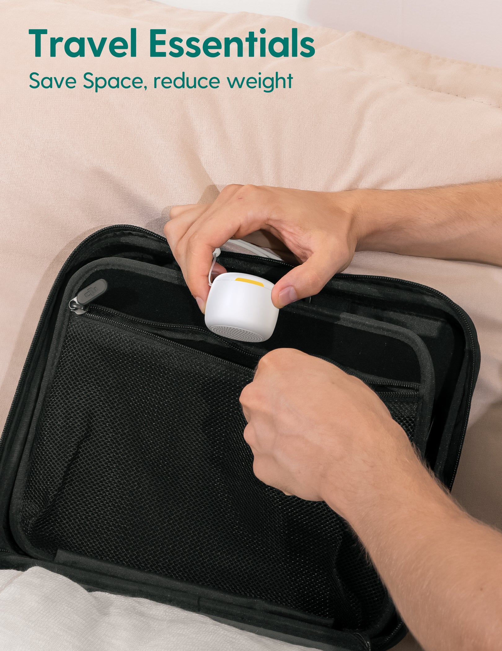 Portable speaker being held over a suitcase with travel items inside, with text 'Travel Essentials: Save Space, reduce weight'.