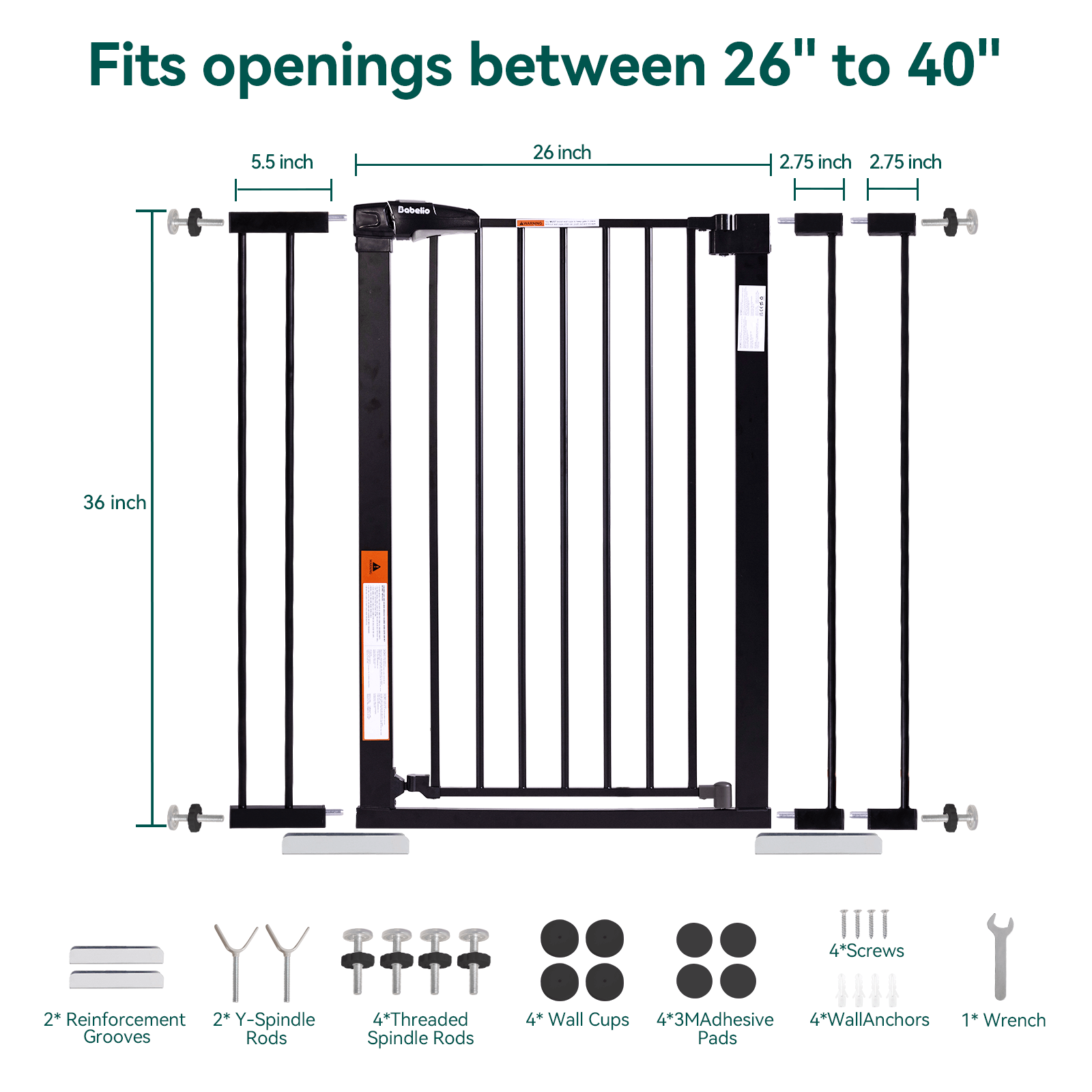 Babelio Protectors Easy Install 26-40" Metal Baby/Pet Gate 36" High