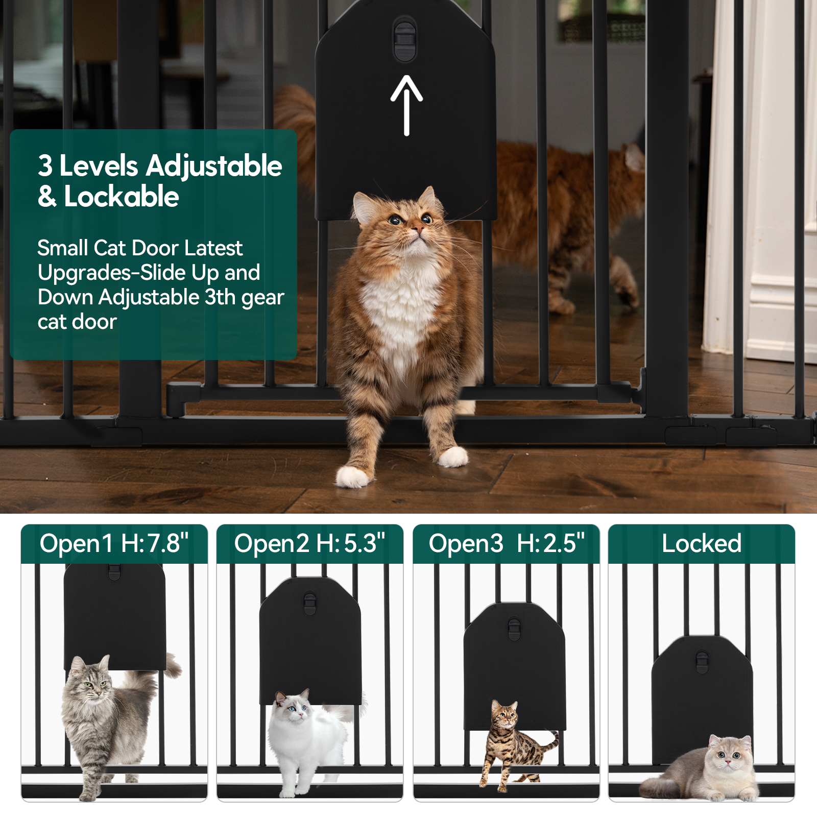 CatPrivilege A7 | Adjustable Safety Gate with Lockable Pet Door