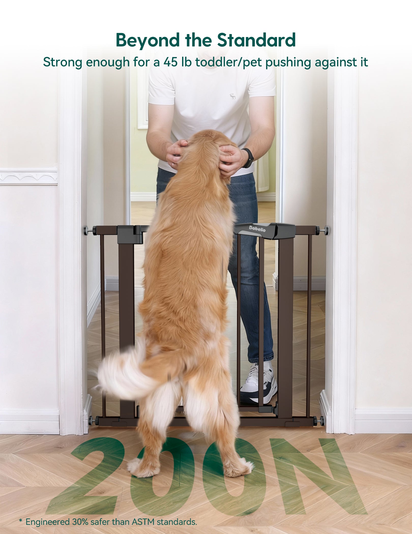 Dog using a pet gate with a person standing behind it, emphasizing safety and strength.#Color_Brown