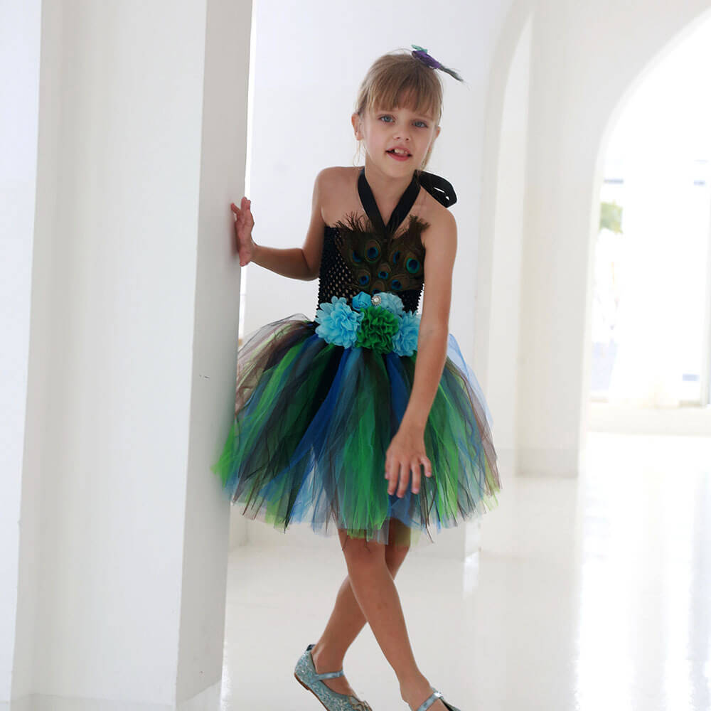 Tiny Cuddling Peacock Princess Tutu Dress - Kids' Tulle Photography Outfit and Dance Performance Costume for Parties and Events