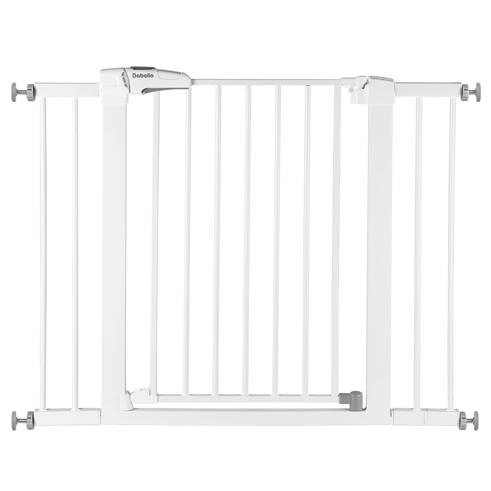 Babelio white baby safety gate with secure latch and pressure-mounted design