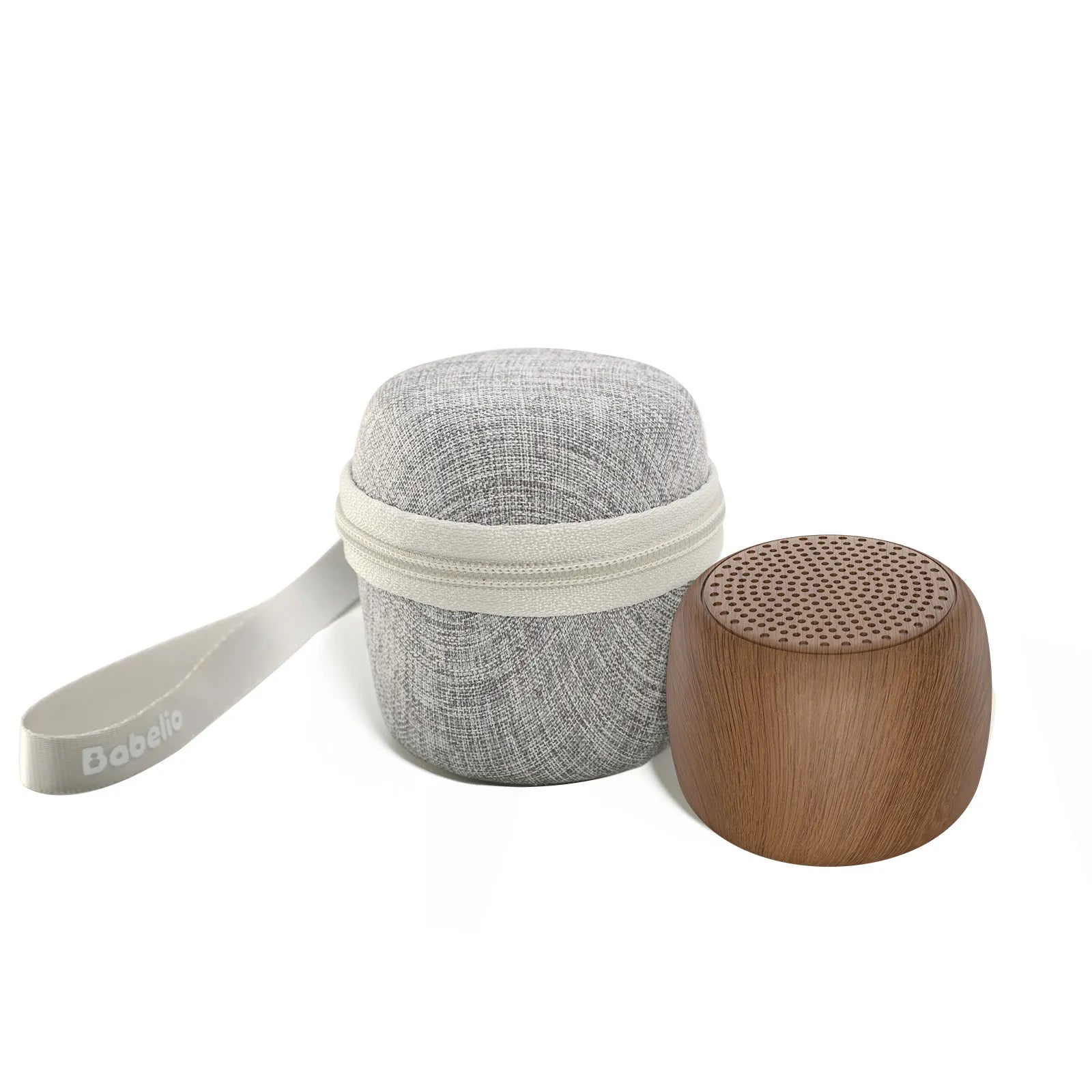 Babelio white noise machine with wooden finish and gray fabric carrying case for nursery use