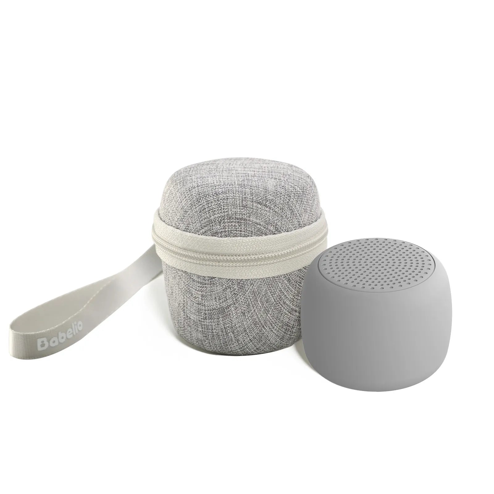 Babelio white noise machine with gray fabric case and carrying strap for nursery use